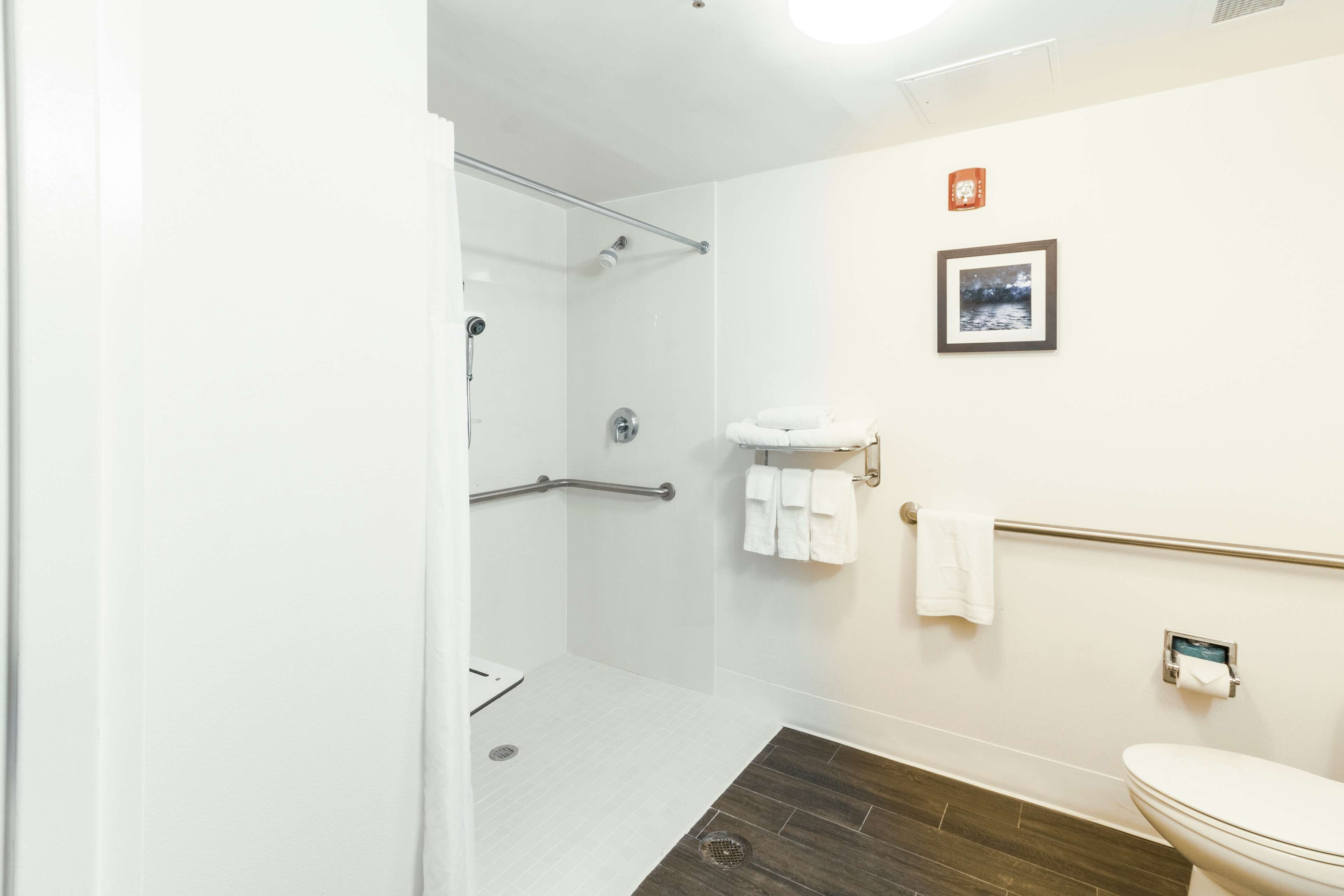 A modern bathroom with a shower, toilet, and a towel rack.