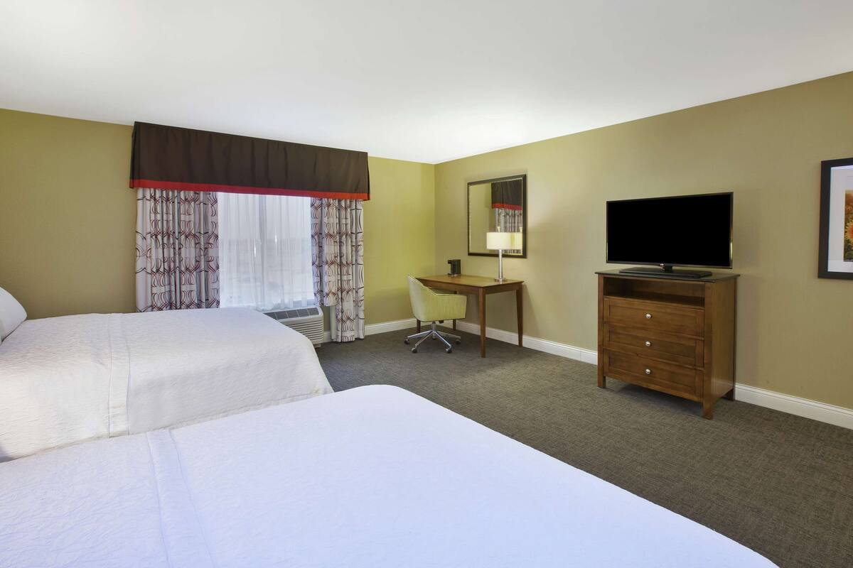 A hotel room with two beds, a desk, a chair, a television, and a mirror.