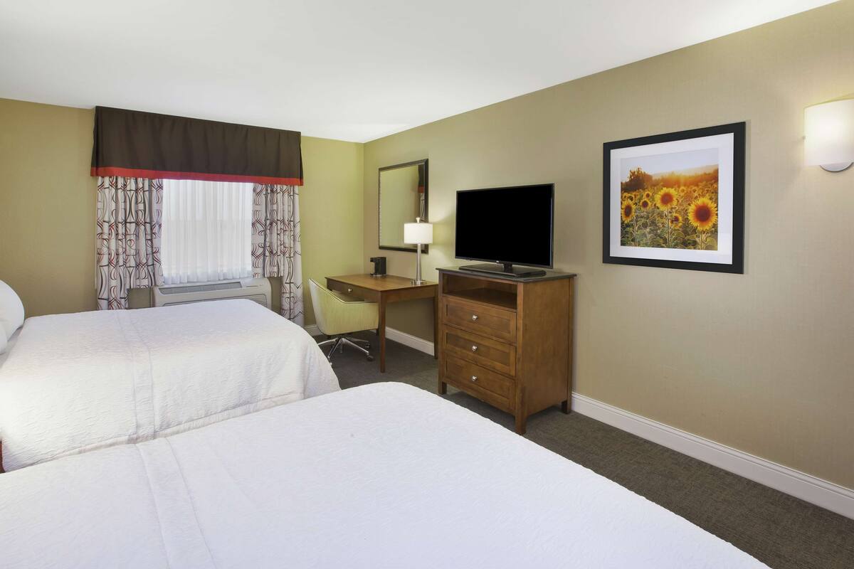 A hotel room with two beds, a desk, a television, a lamp, and a framed picture on the wall.