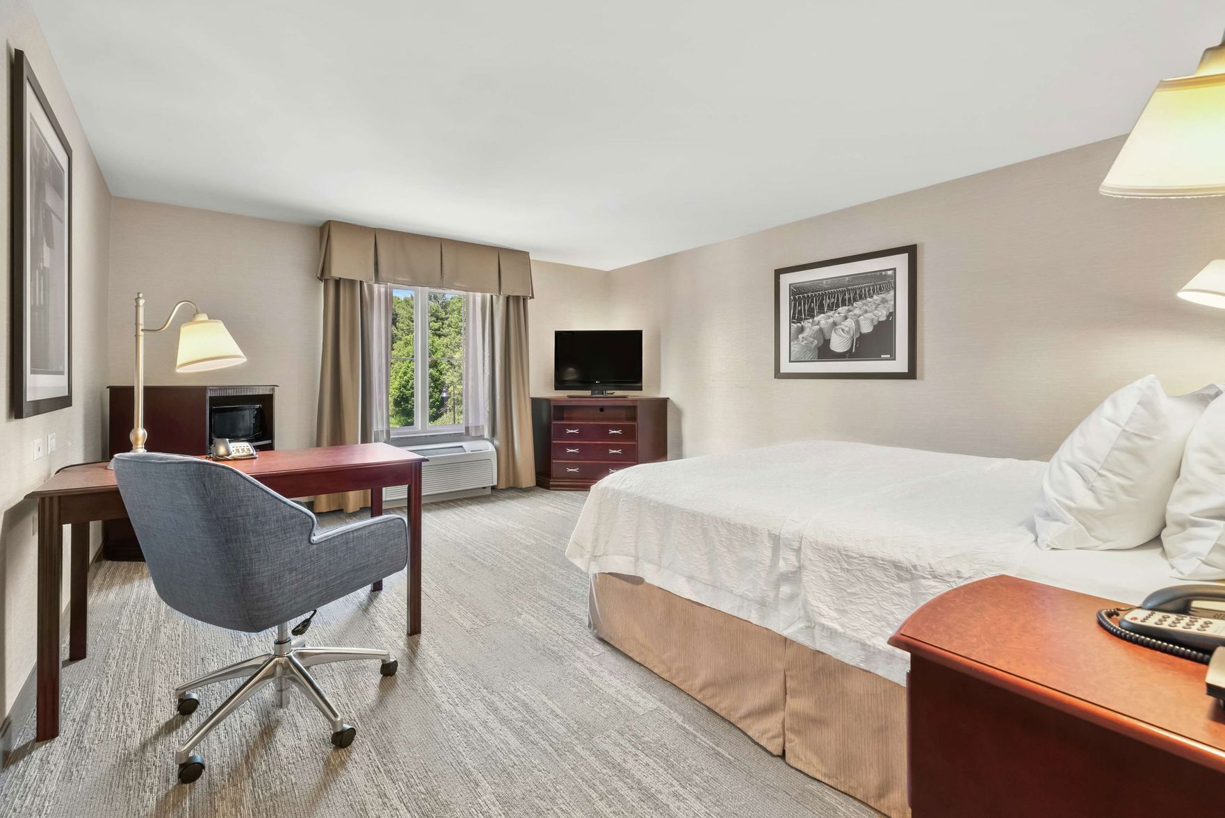 Hypo-allergenic bedding, desk, laptop workspace, blackout curtains