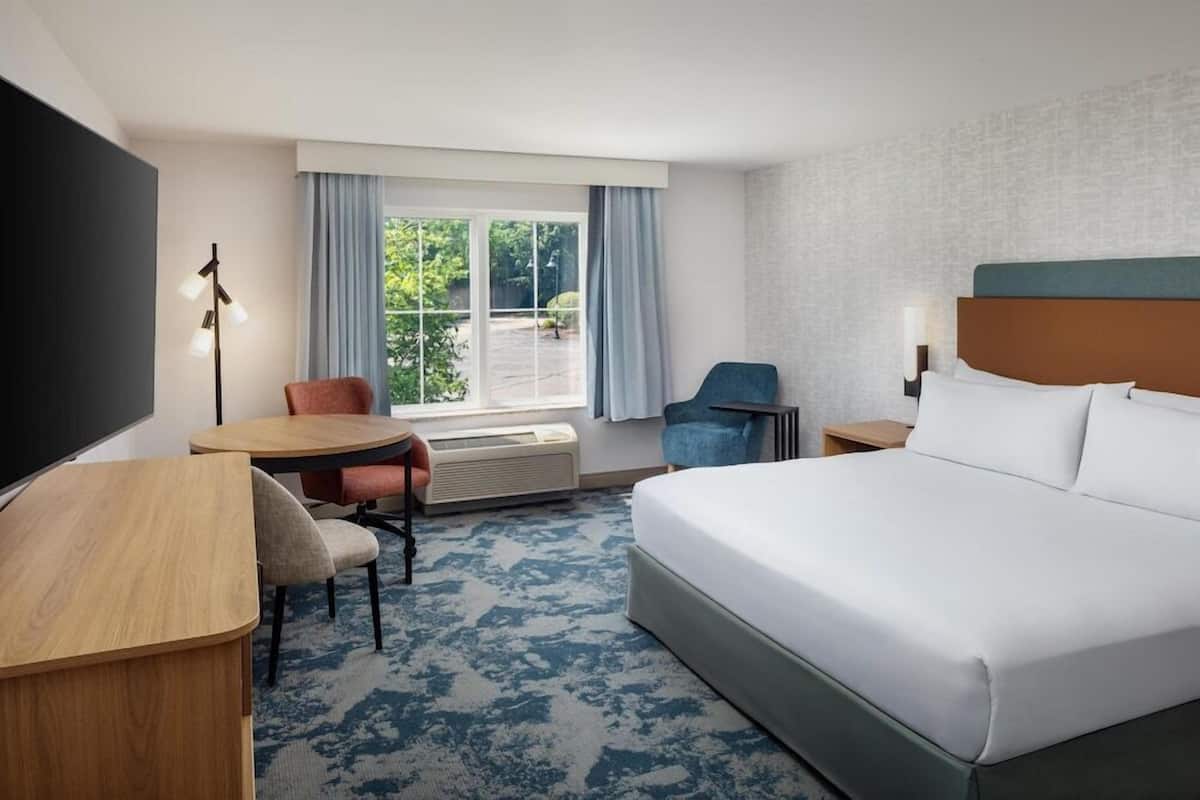 A hotel room with a bed, a desk, a chair, a TV, a window with curtains, and a view of greenery outside.