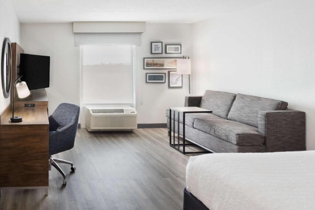 Une chambre d’hôtel avec un lit, un bureau et une chaise, un canapé, une télévision, un radiateur et des tableaux encadrés au mur.