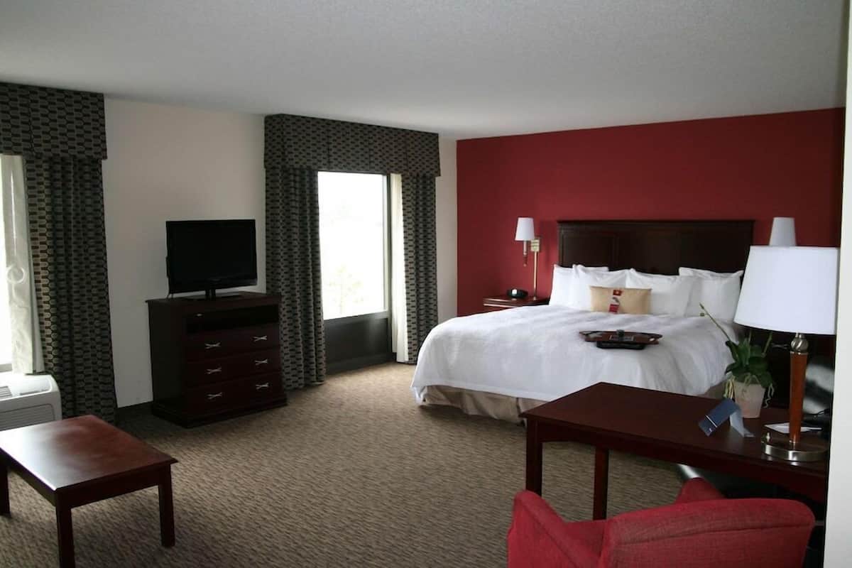 Habitación de hotel con cama, televisor, escritorio, silla, cómoda y lámpara.
