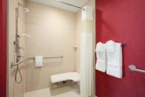 Studio, 1 King Bed, Accessible (Roll-In Shower) | Bathroom | Hair dryer, towels