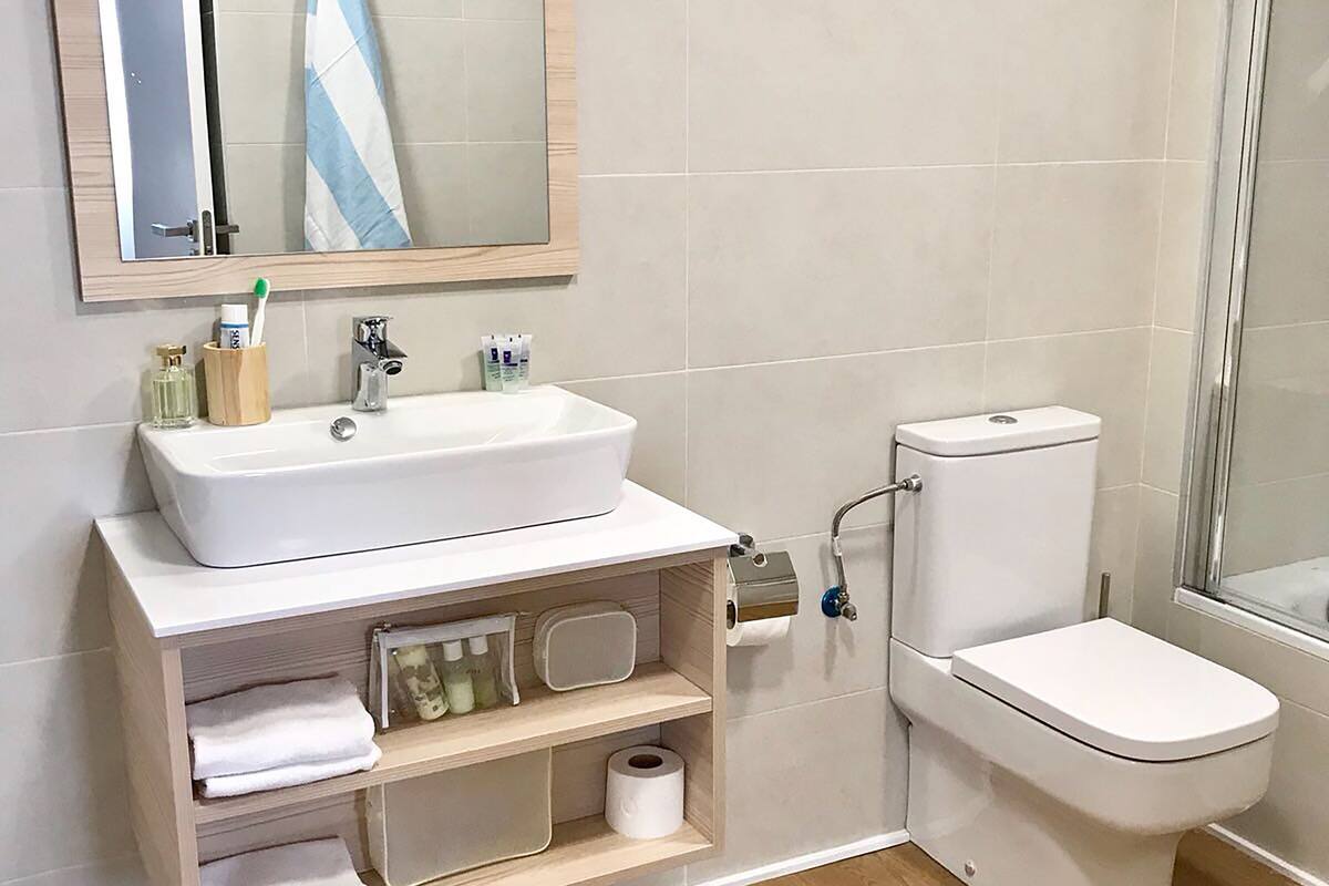 free toiletries, hair dryer, towels, toilet paper