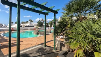 Outdoor pool, a rooftop pool, open 10:00 AM to 6:00 PM, pool umbrellas