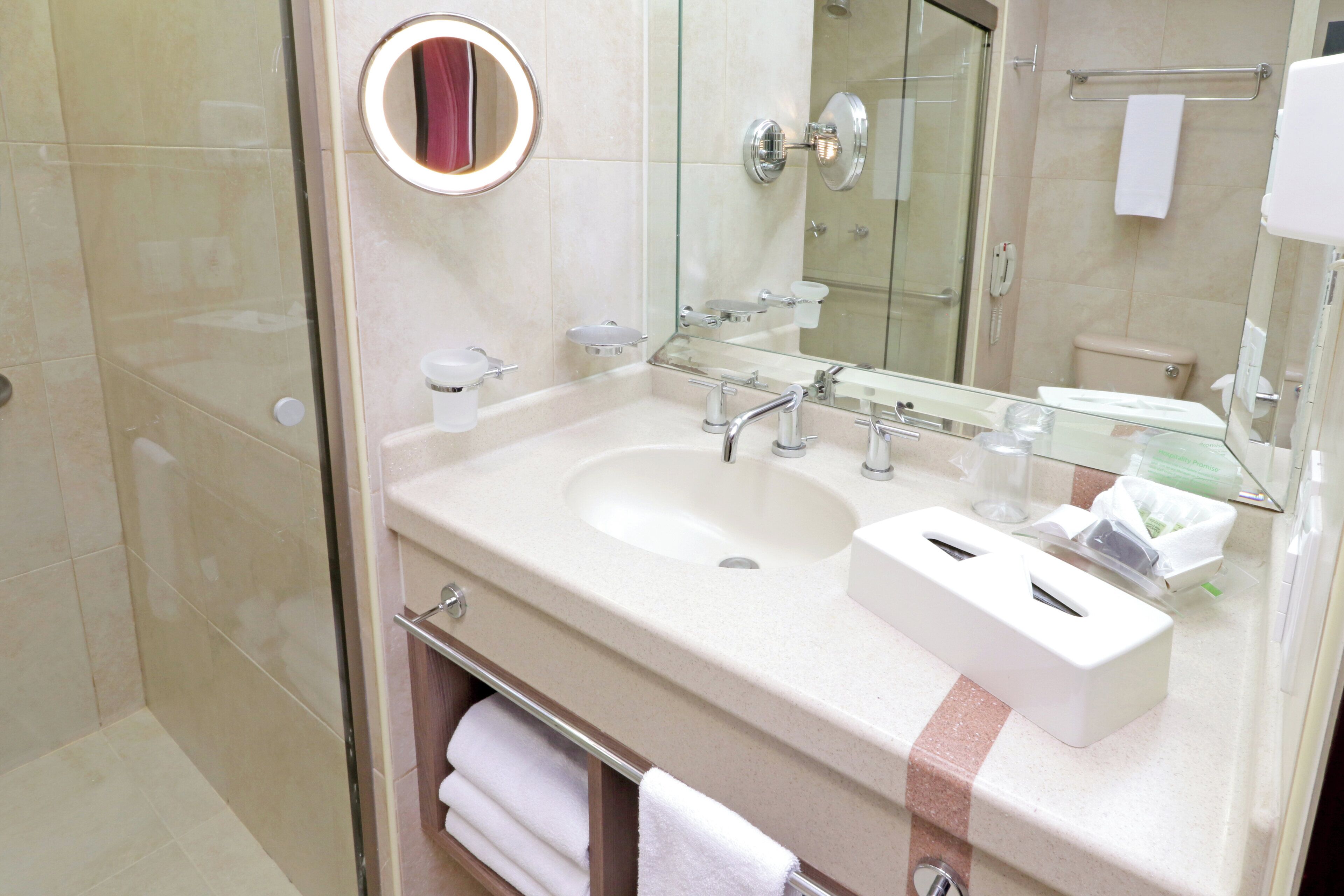 A hotel bathroom with a glass shower enclosure, a double sink vanity, and a towel rack.