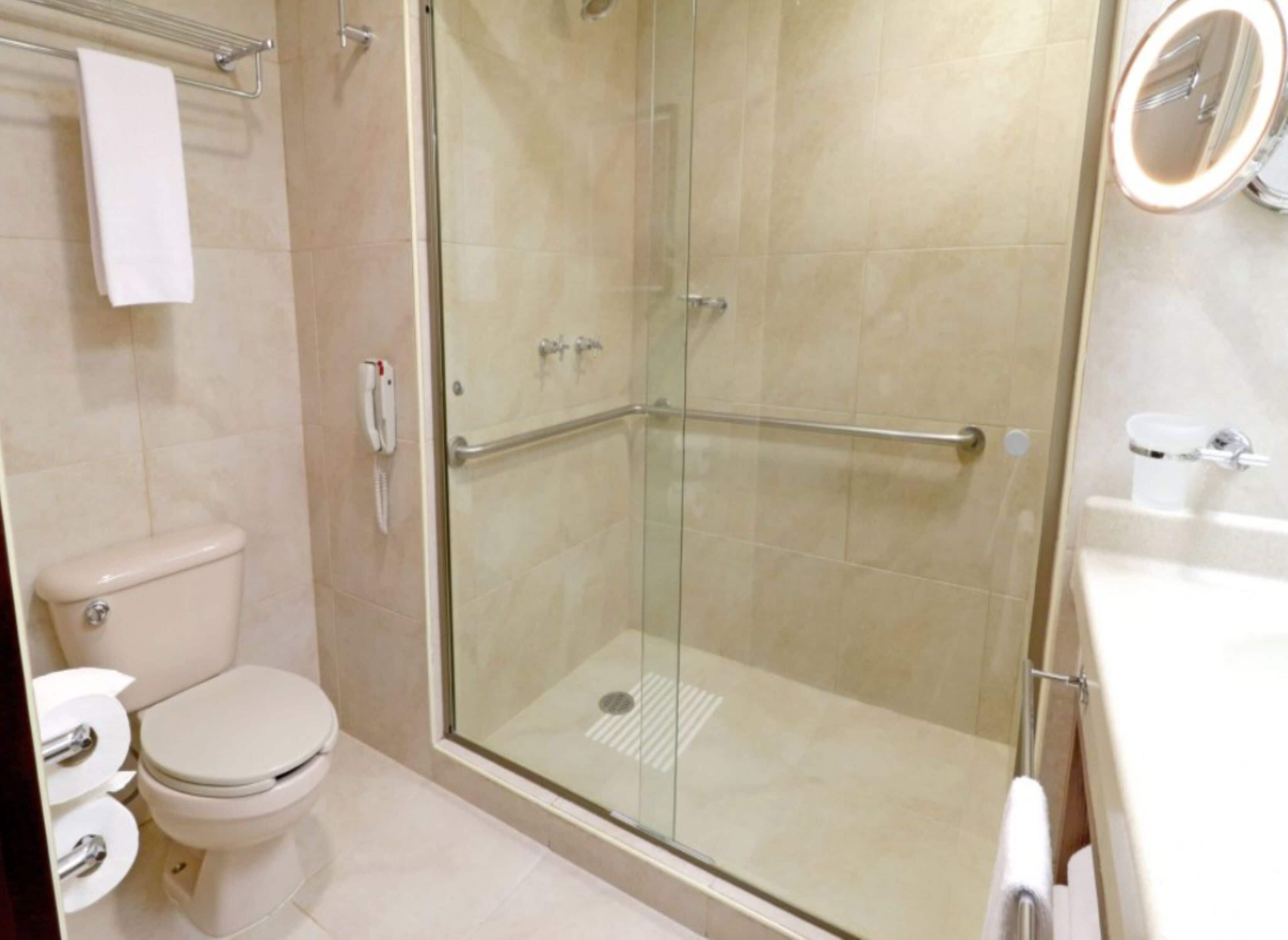 Shower, free toiletries, hair dryer, towels