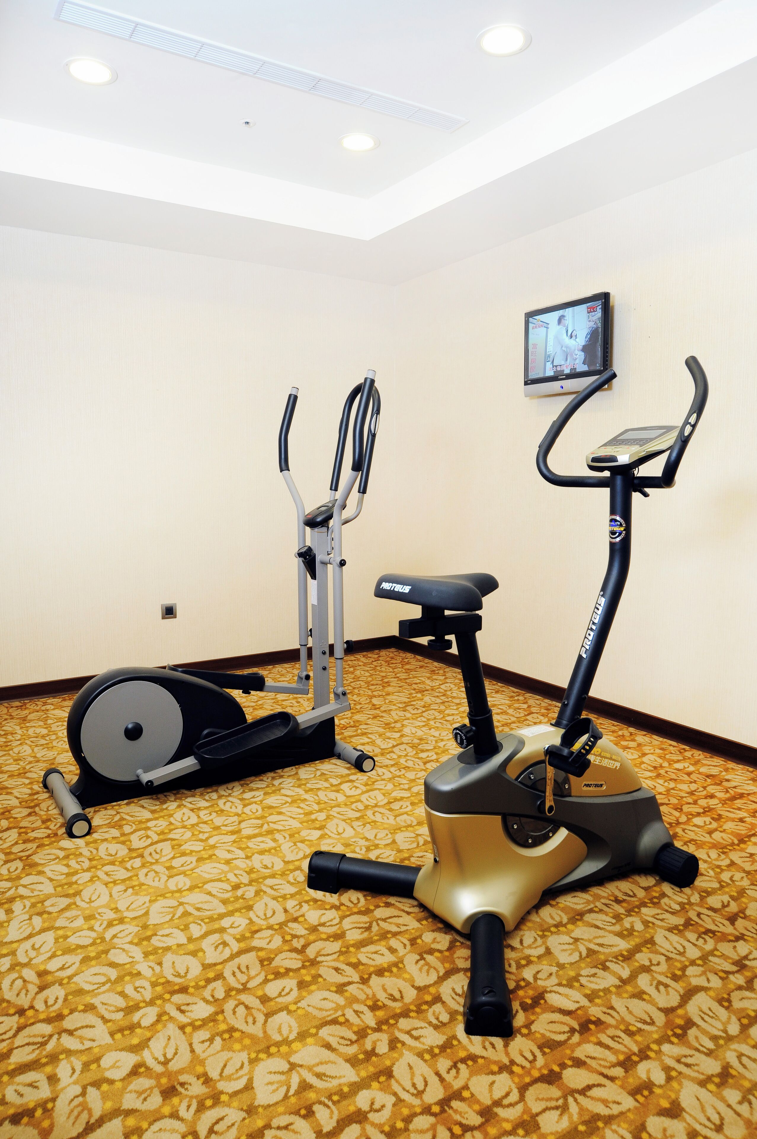 Une chambre d’hôtel avec une moquette à motifs, un appareil de musculation elliptique, un vélo d’appartement et un téléviseur fixé au mur.