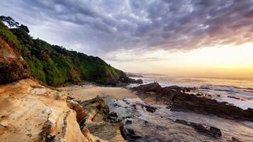 Una playa cerca, sombrillas, toallas de playa