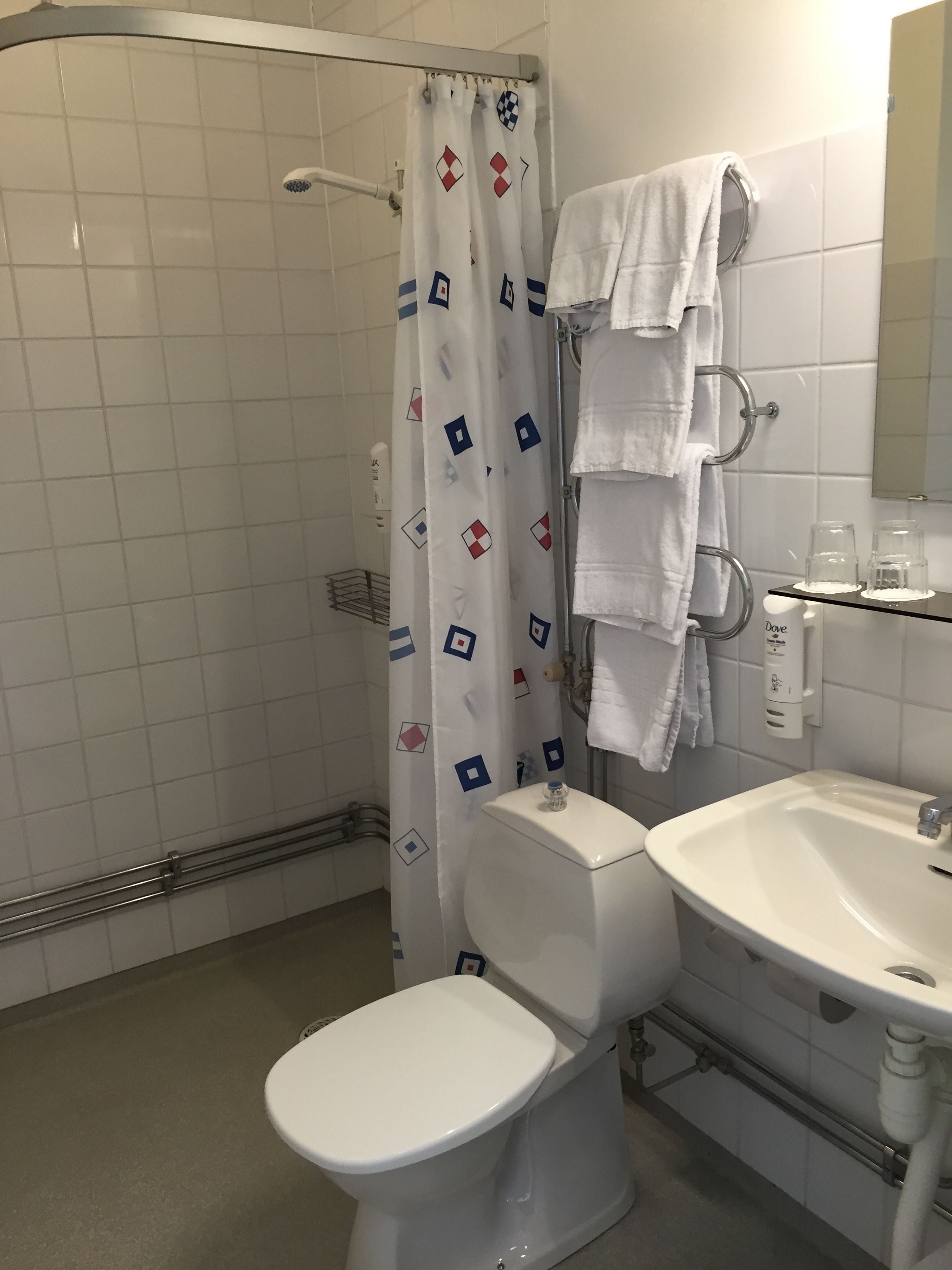 Kylpyhuone, jossa on wc, suihku ja pesuallas.