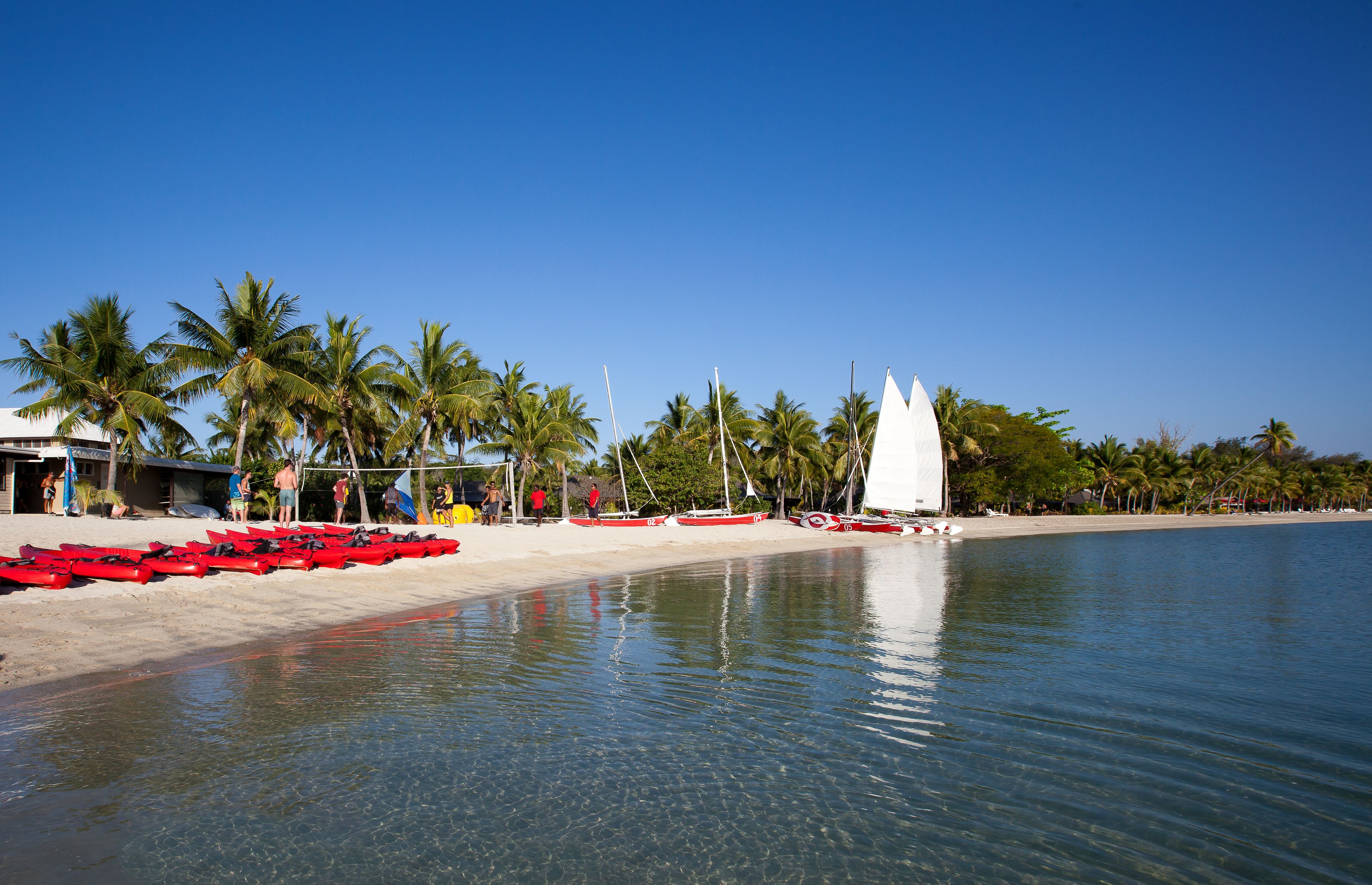 A beach with clear water, red kayaks lined up, and palm trees.