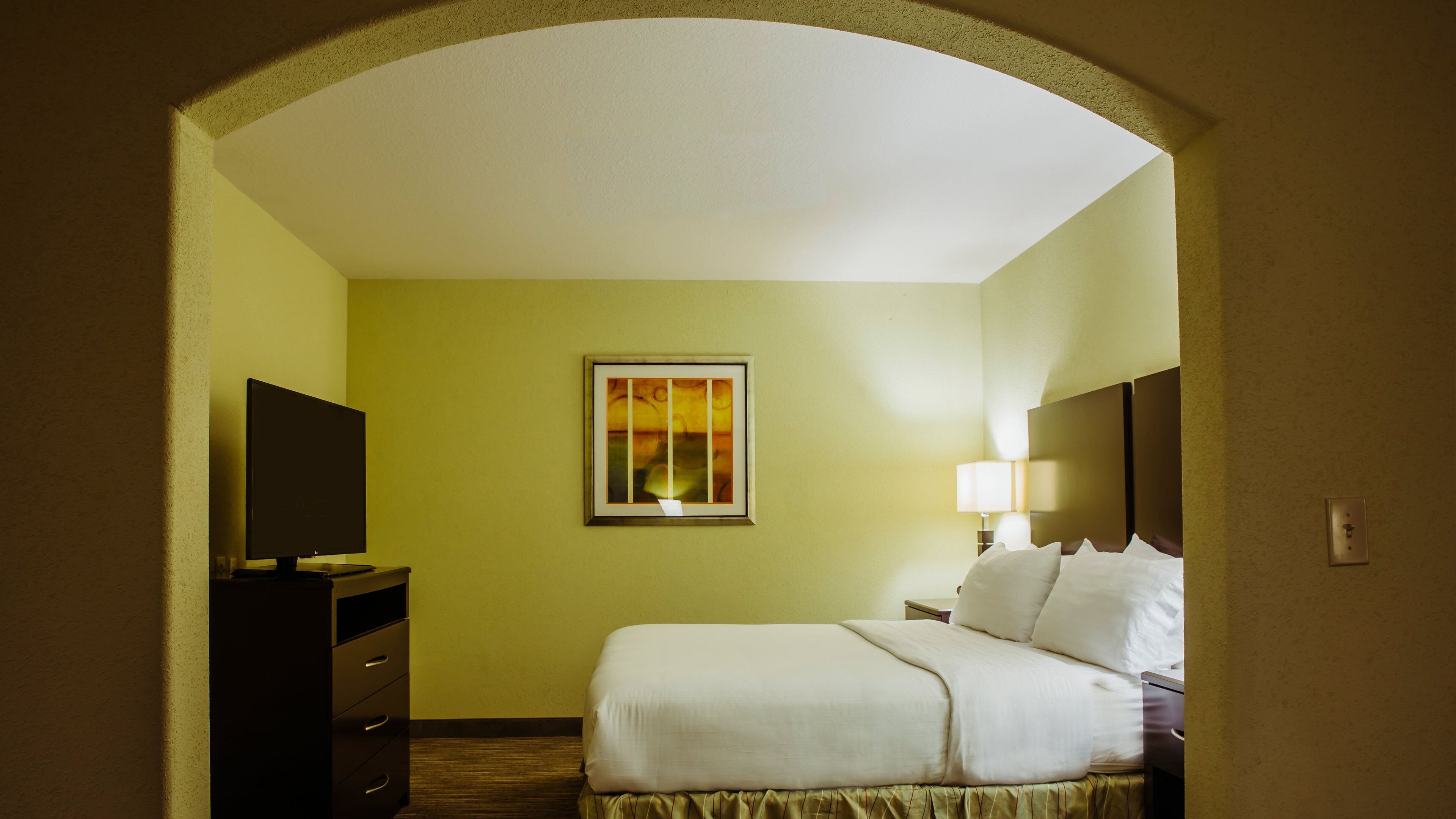 A hotel room with a bed, a television, a painting, and a nightstand with a lamp.
