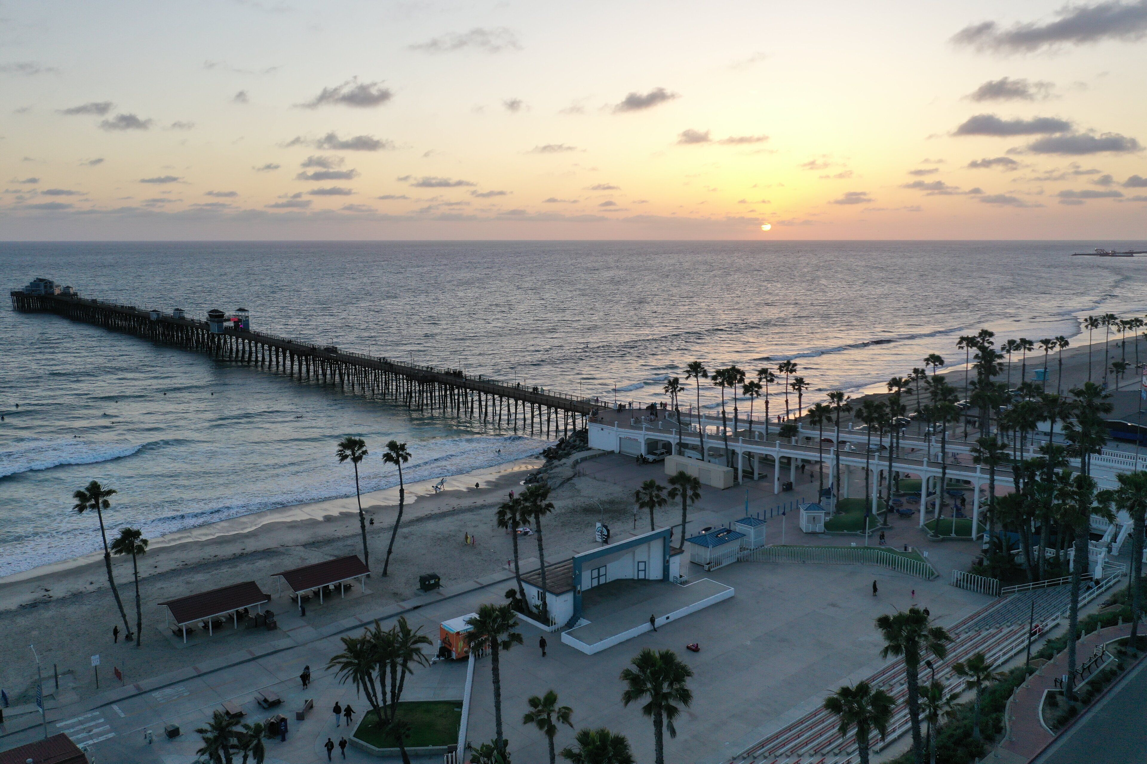 A pier extending into the sea with a beach and palm trees in the foreground.