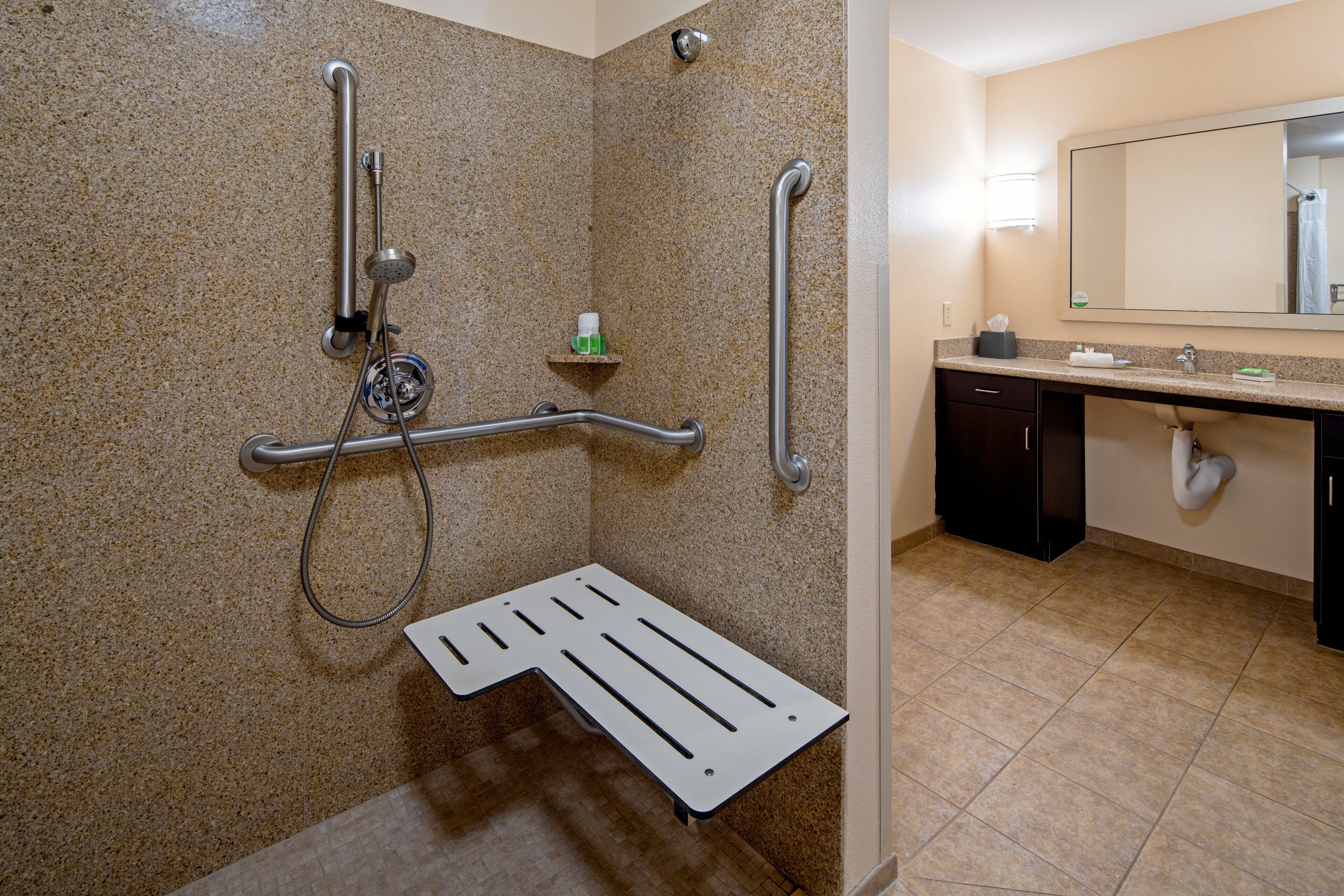 A bathroom with a shower, grab bars, a sink, and a mirror.