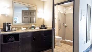 Designer toiletries, hair dryer, towels, soap