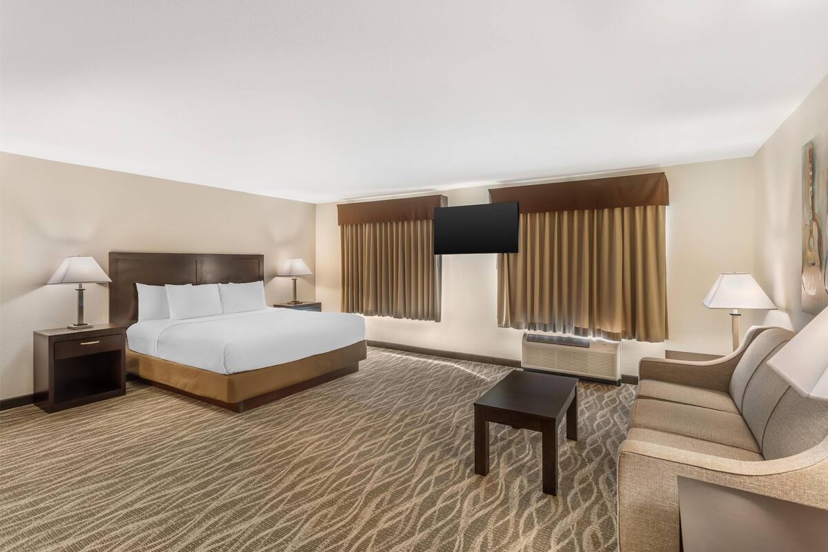 Habitación de hotel con una cama grande, dos mesitas de noche con lámparas, un televisor de pantalla plana en la pared y un sofá.