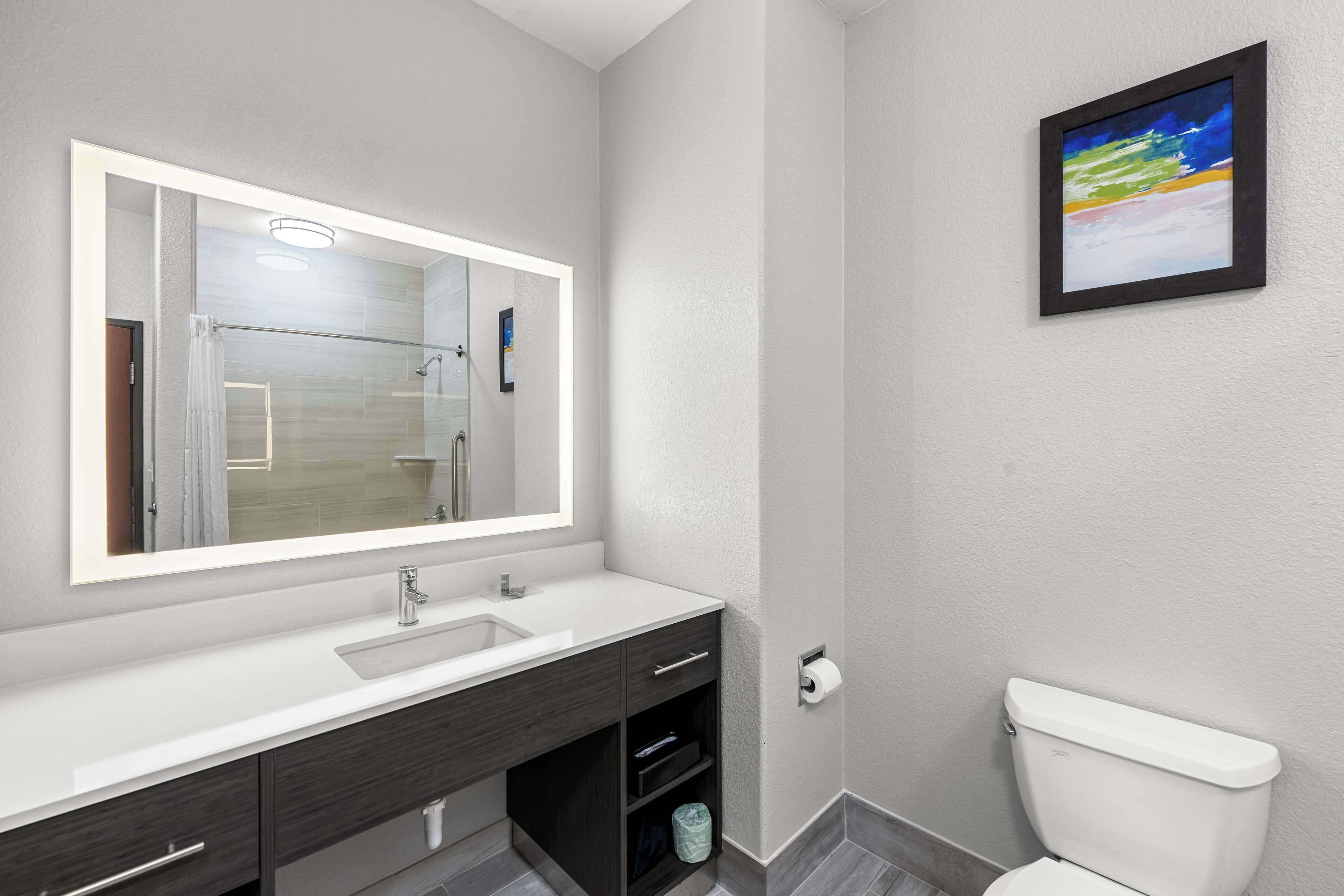 Un baño moderno con un espejo grande, lavamanos blanco, tocador oscuro y un inodoro.