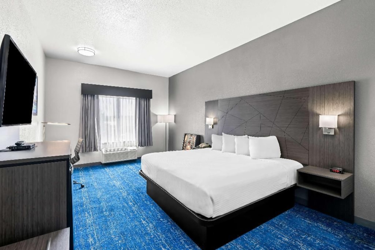 Habitación de hotel con una cama grande, un escritorio, un televisor de pantalla plana y una ventana con cortinas.