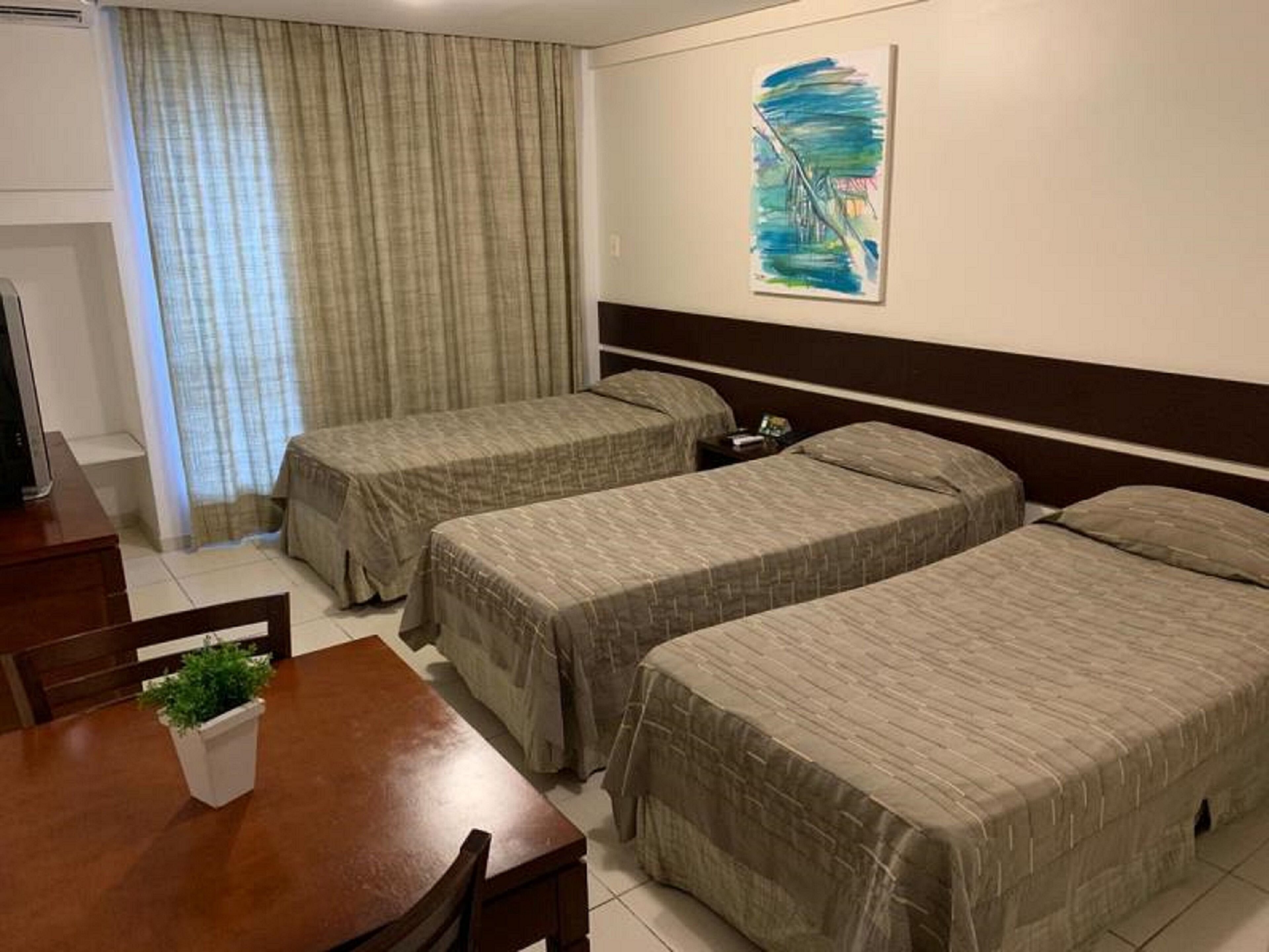 A hotel room with two single beds, a wooden table with a potted plant, a TV, and a painting on the wall.