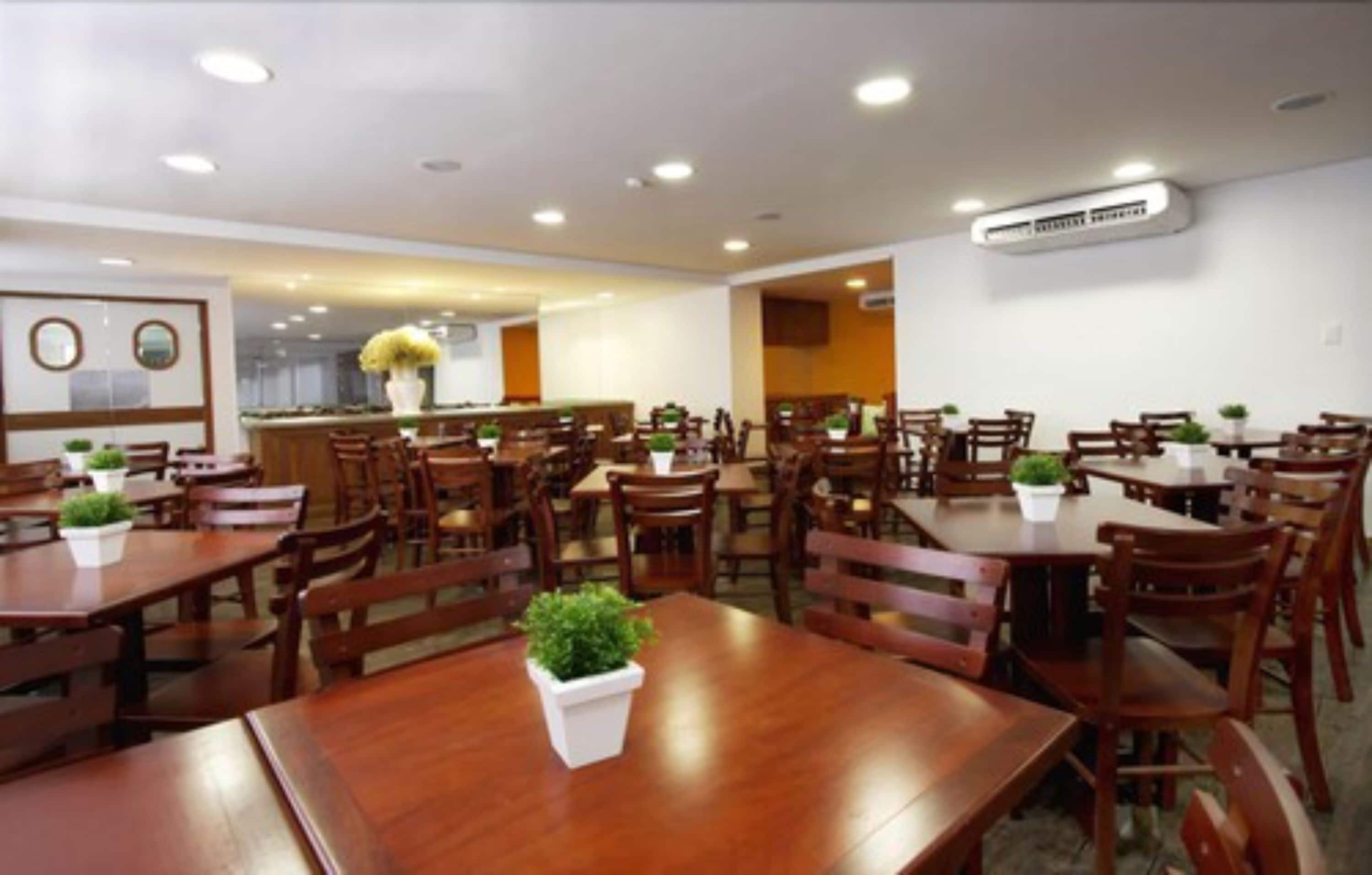A dining area with multiple wooden tables and chairs, some with potted plants.