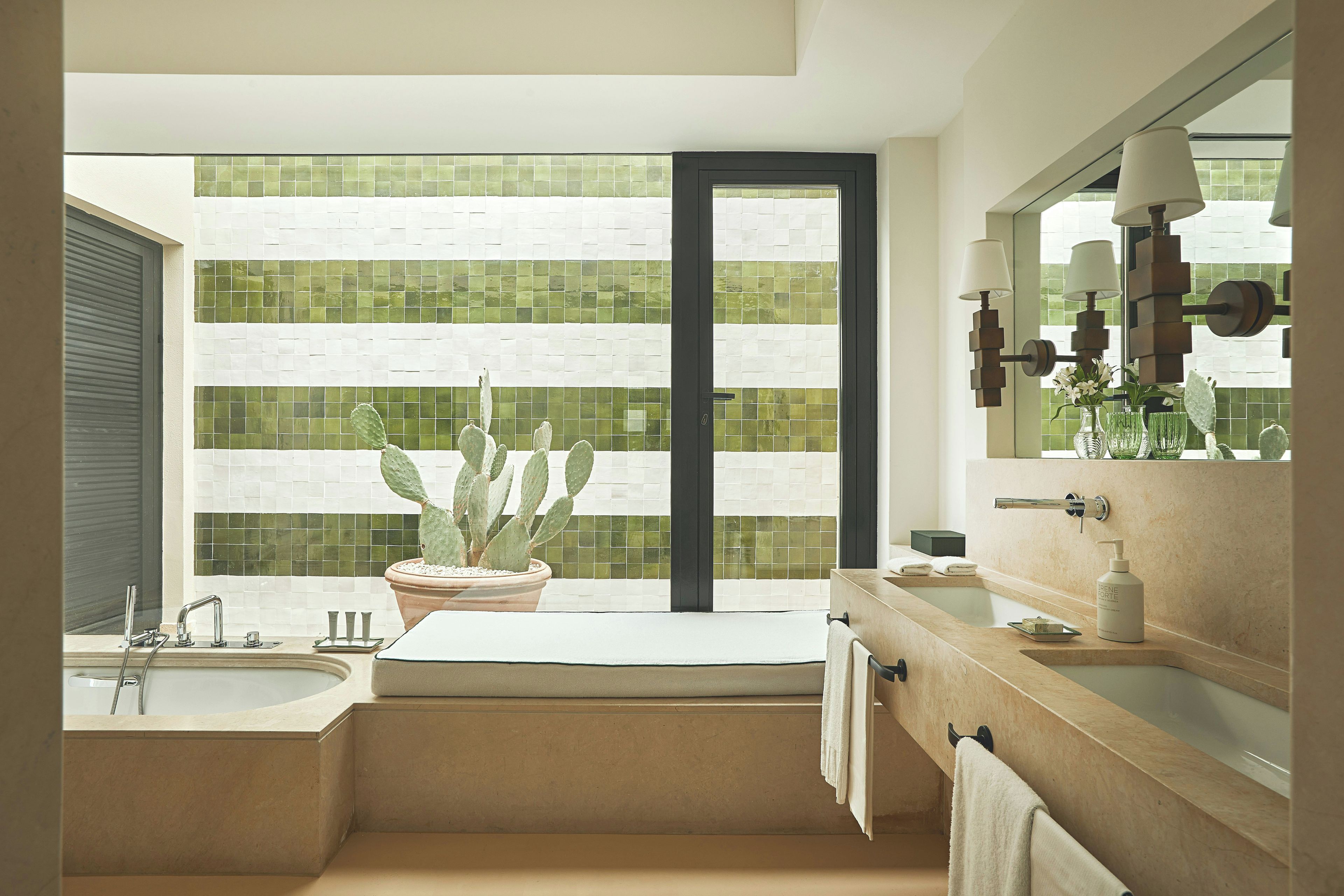 A modern bathroom with a bathtub, a sink, a mirror, and a cactus plant.