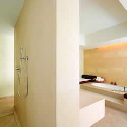 Separate tub and shower, rainfall showerhead, free toiletries