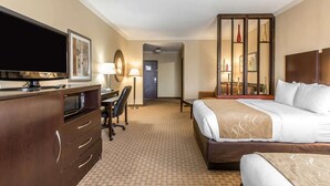 Habitación de hotel con cama, escritorio, silla, televisor, microondas y un espejo grande.