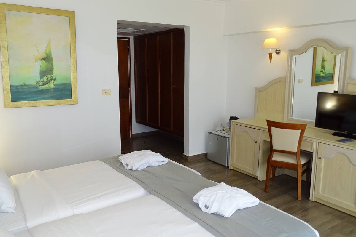 Une chambre d’hôtel avec un lit, un bureau, une chaise, une télévision et un tableau au mur.