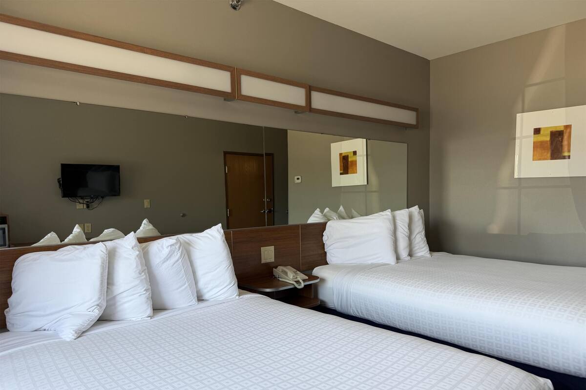 Une chambre d’hôtel avec deux lits, un téléviseur à écran plat, un téléphone et un miroir.