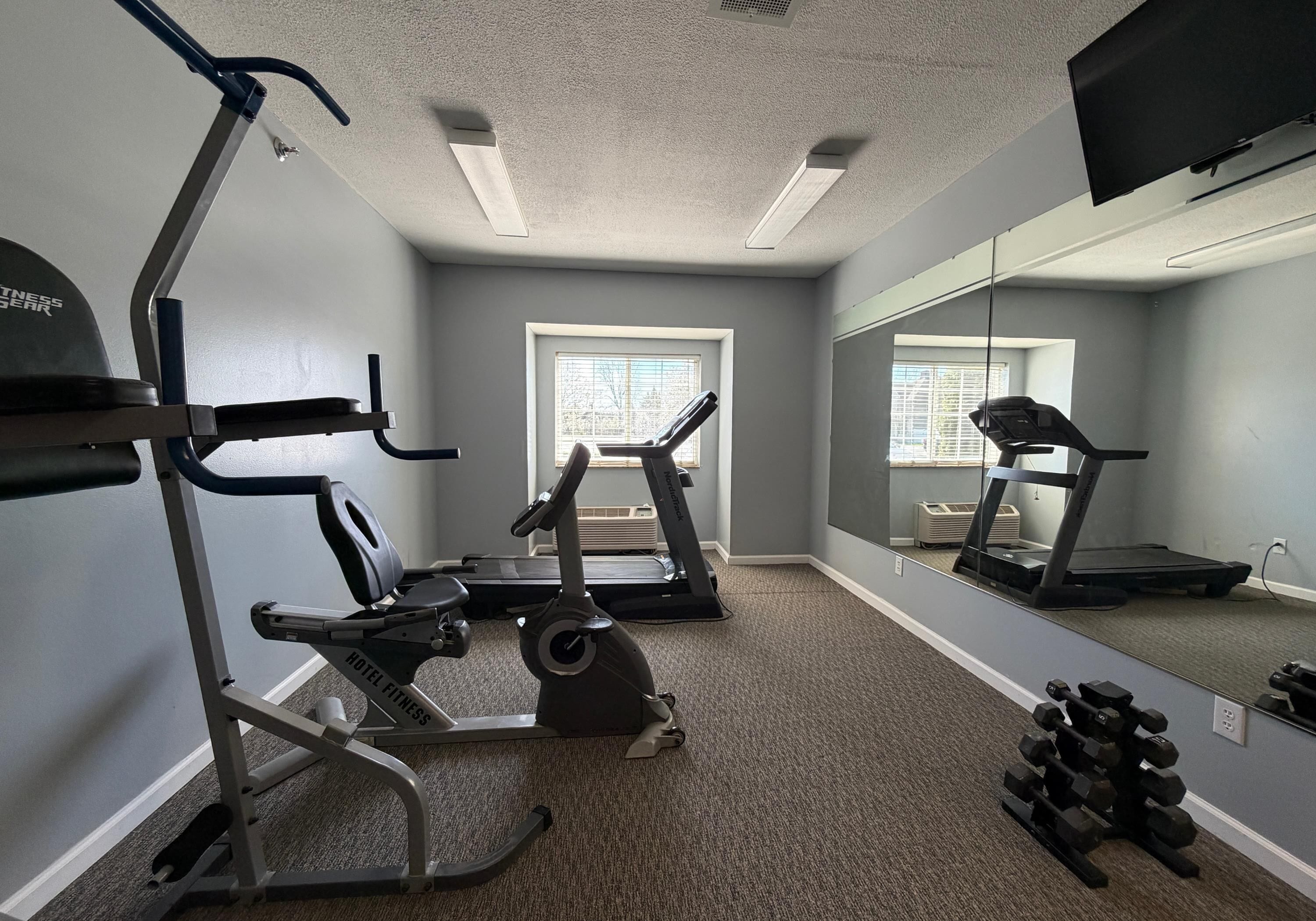Gimnasio de hotel con máquinas de cardio, mancuernas y un espejo grande.