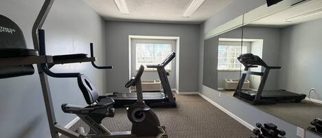 Gimnasio de hotel con máquinas de cardio, mancuernas y un espejo grande.