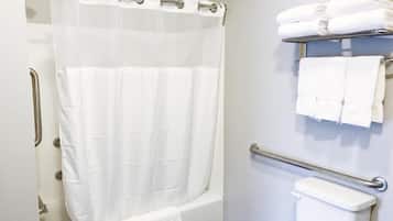 Combined shower/bathtub, hair dryer, towels, soap