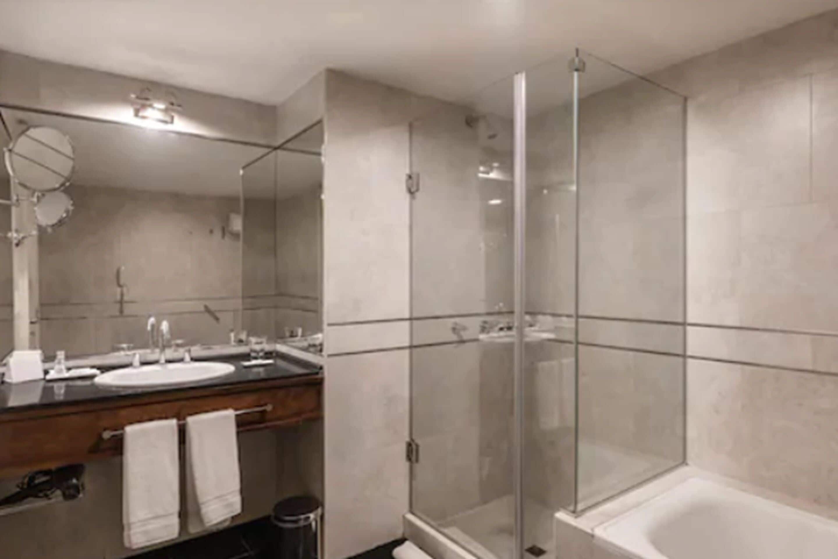 combined shower/bathtub, rainfall showerhead, hair dryer, bidet