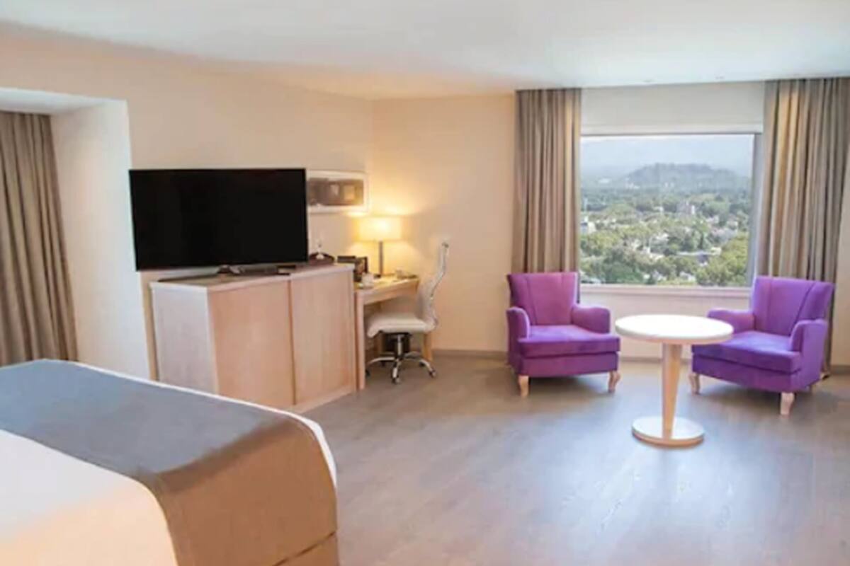 A hotel room with a bed, a desk, a chair, a TV, and a view of the city.