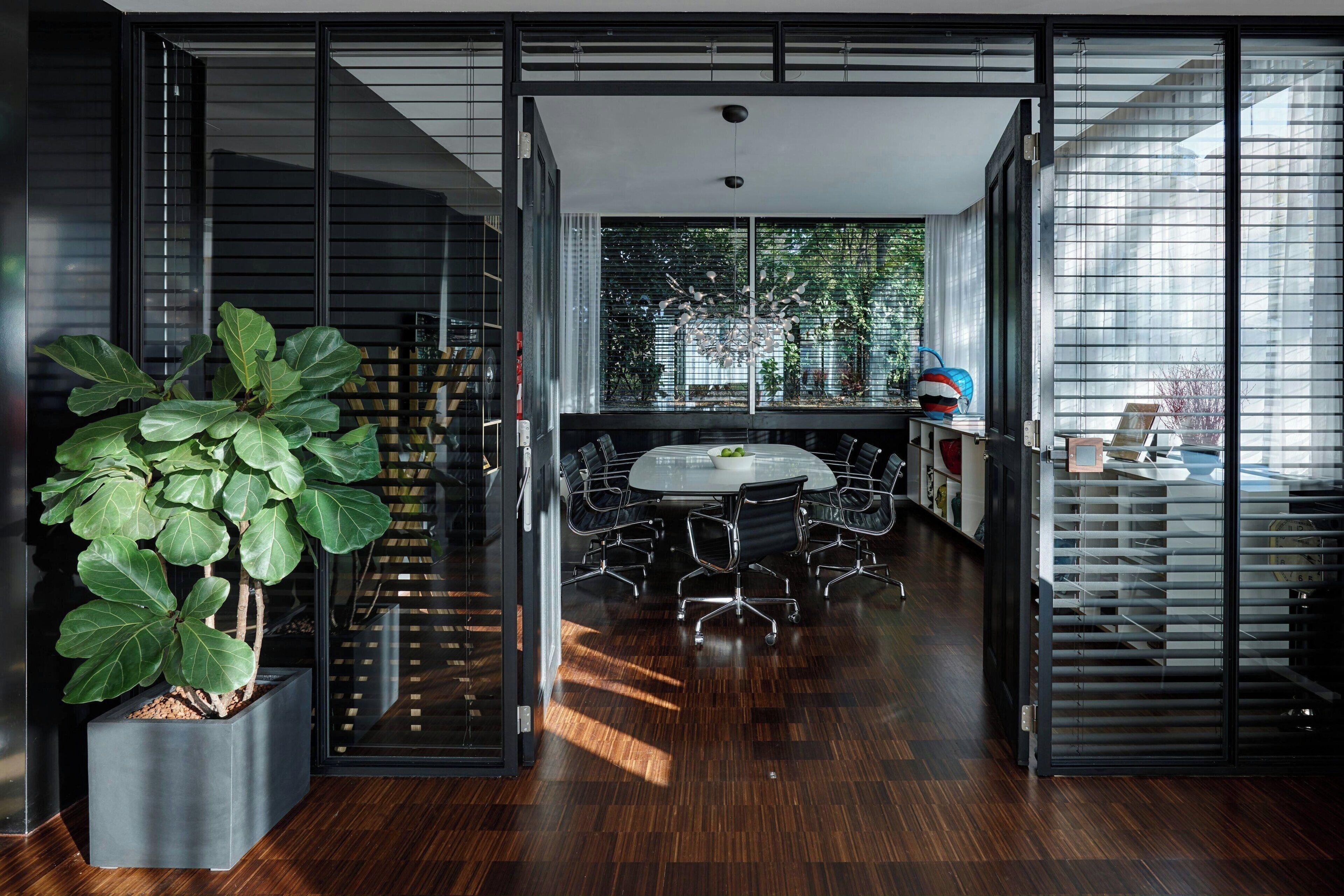 A modern meeting room with a glass partition, a large potted plant, and a round table with chairs.