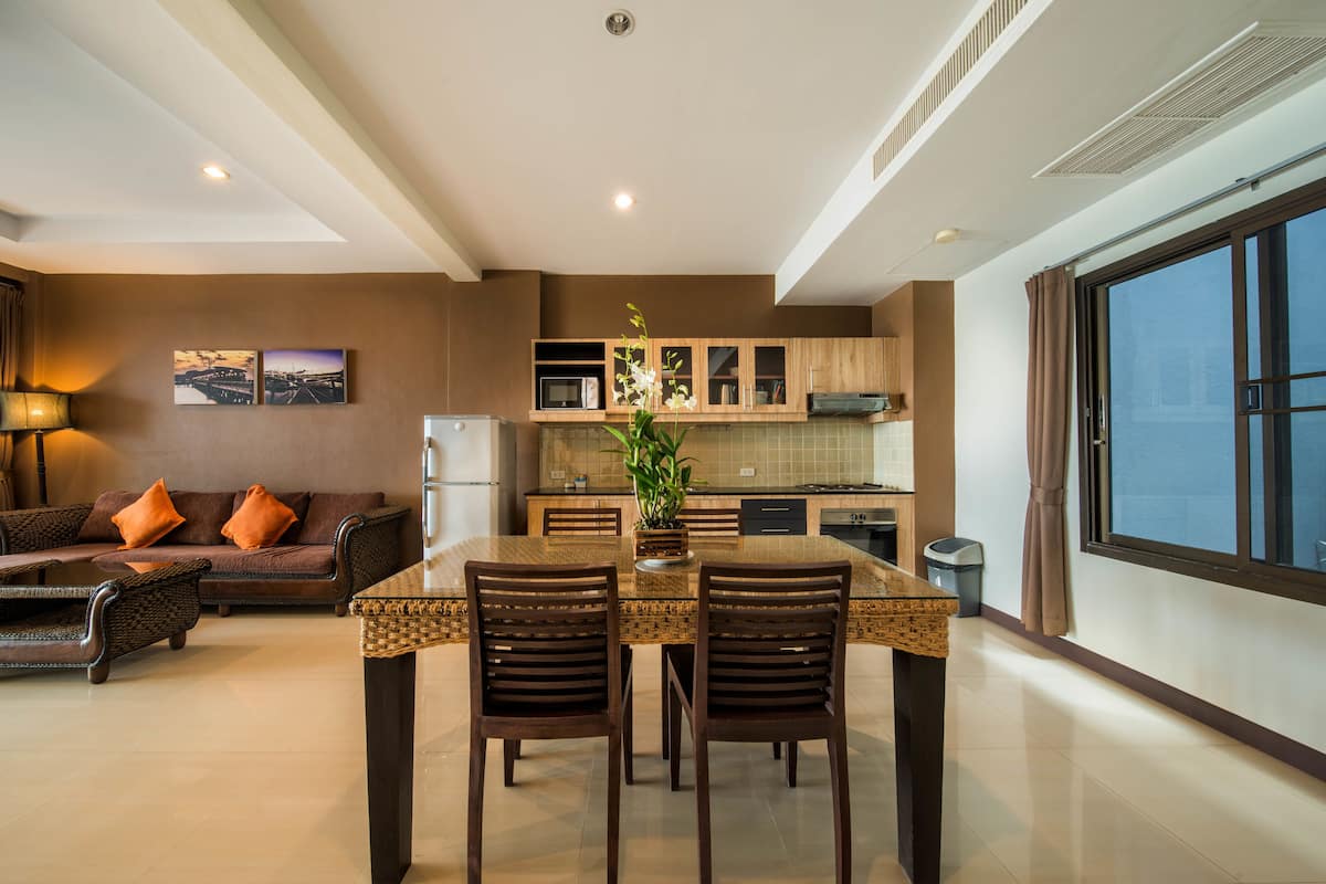 fridge, microwave, electric kettle, high chair