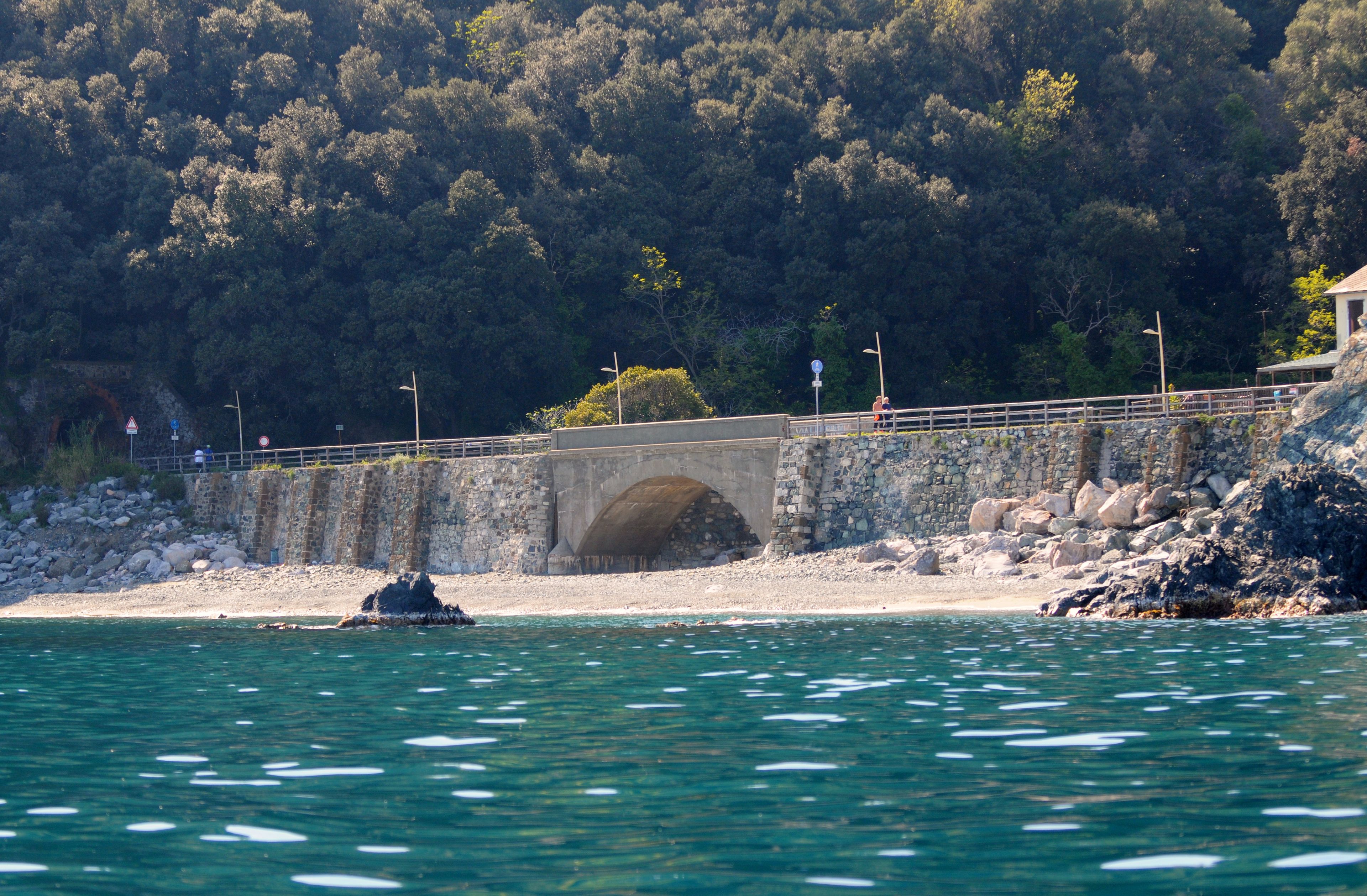 A stone bridge over water, leading to a rocky shore with a forested hill in the background.