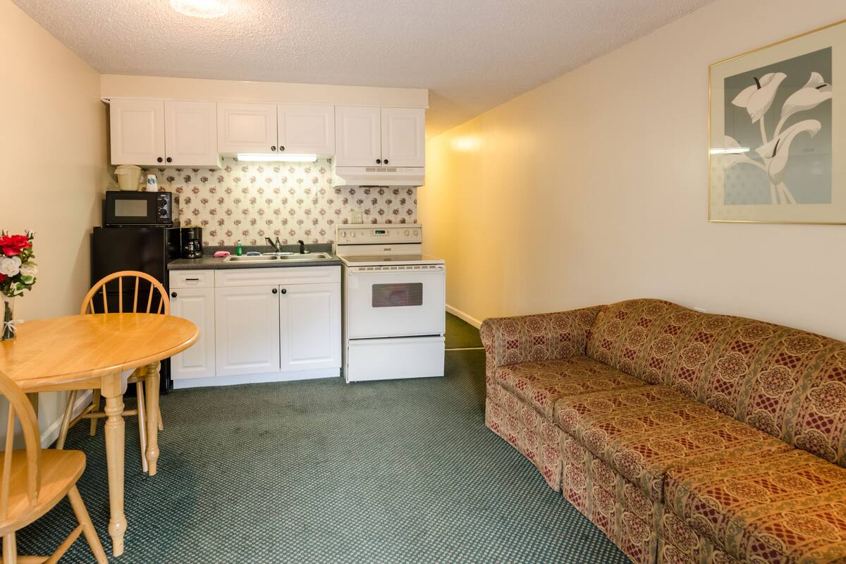 Une cuisine compacte avec des meubles blancs, un four à micro-ondes, une cuisinière et un évier. On y trouve un canapé à motifs et une table à manger avec des chaises.