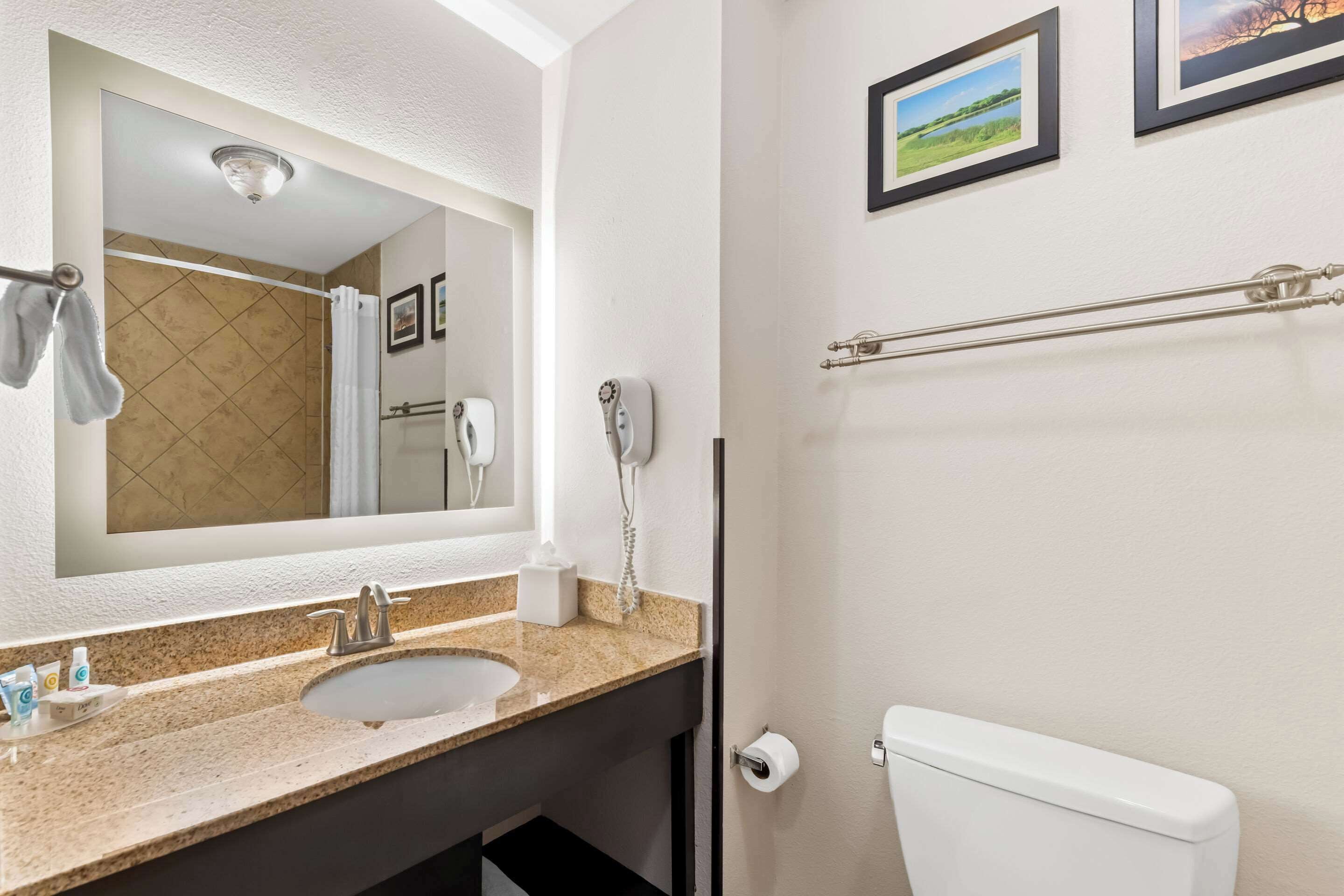 A bathroom with a large mirror, a sink, a toilet, and a towel rack.