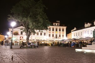 A nighttime outdoor area with cobblestone pavement, benches, and people.