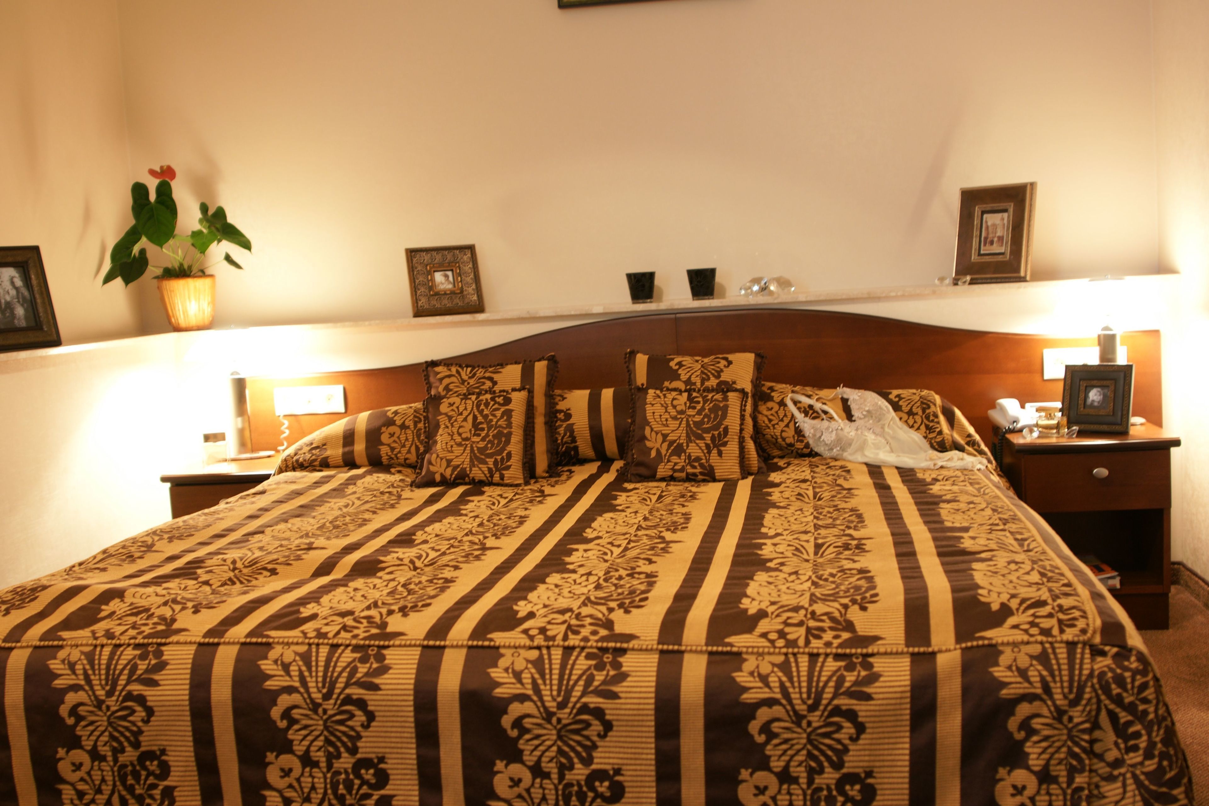 A neatly made bed with a floral-patterned bedspread, a bedside lamp, and a small potted plant on the nightstand.
