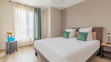 1 bedroom, desk, blackout drapes, iron/ironing board