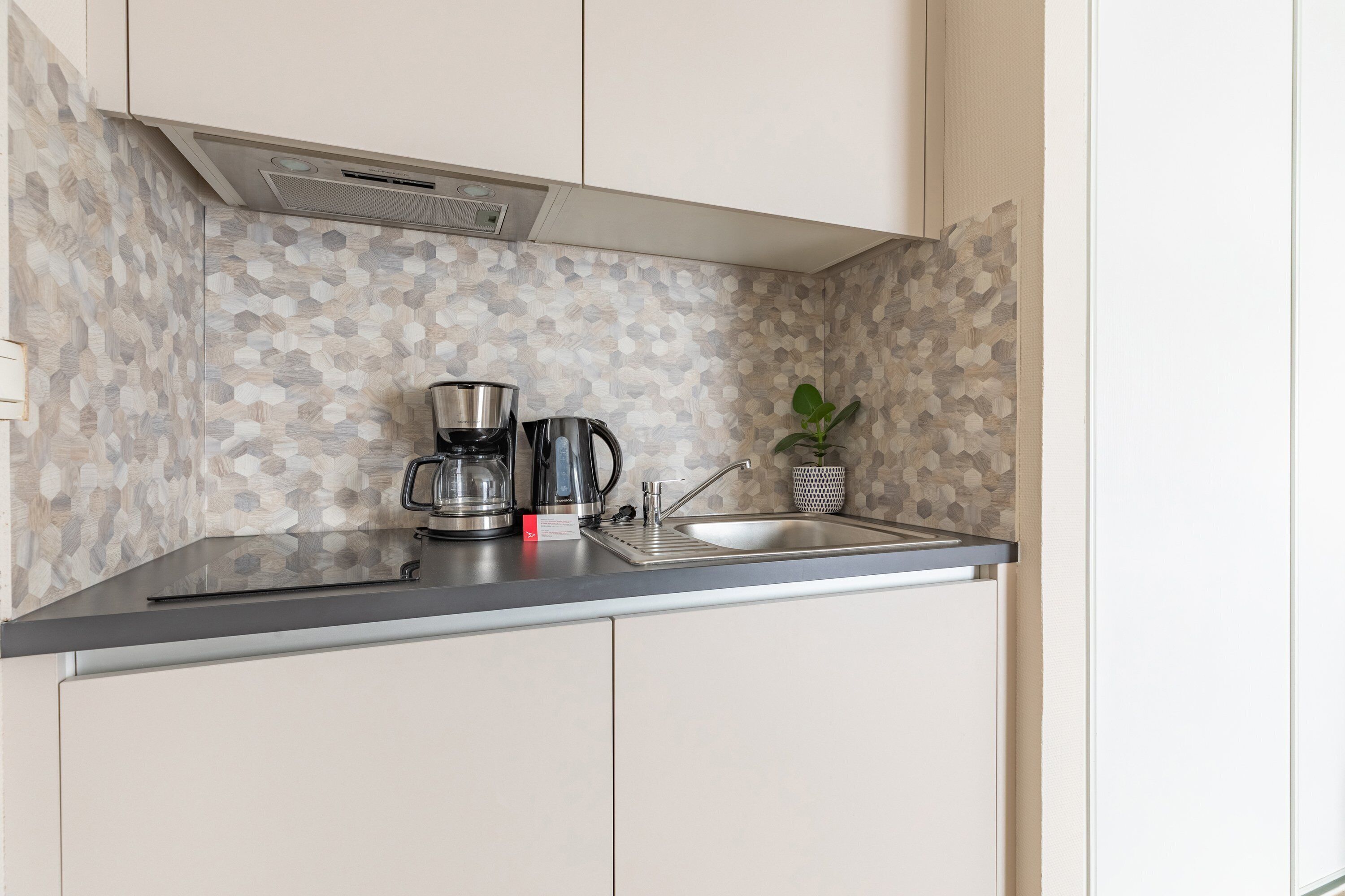 Et moderne køkken med en backsplash af hexagonformede fliser, stålemhætter og en enkelt plante.