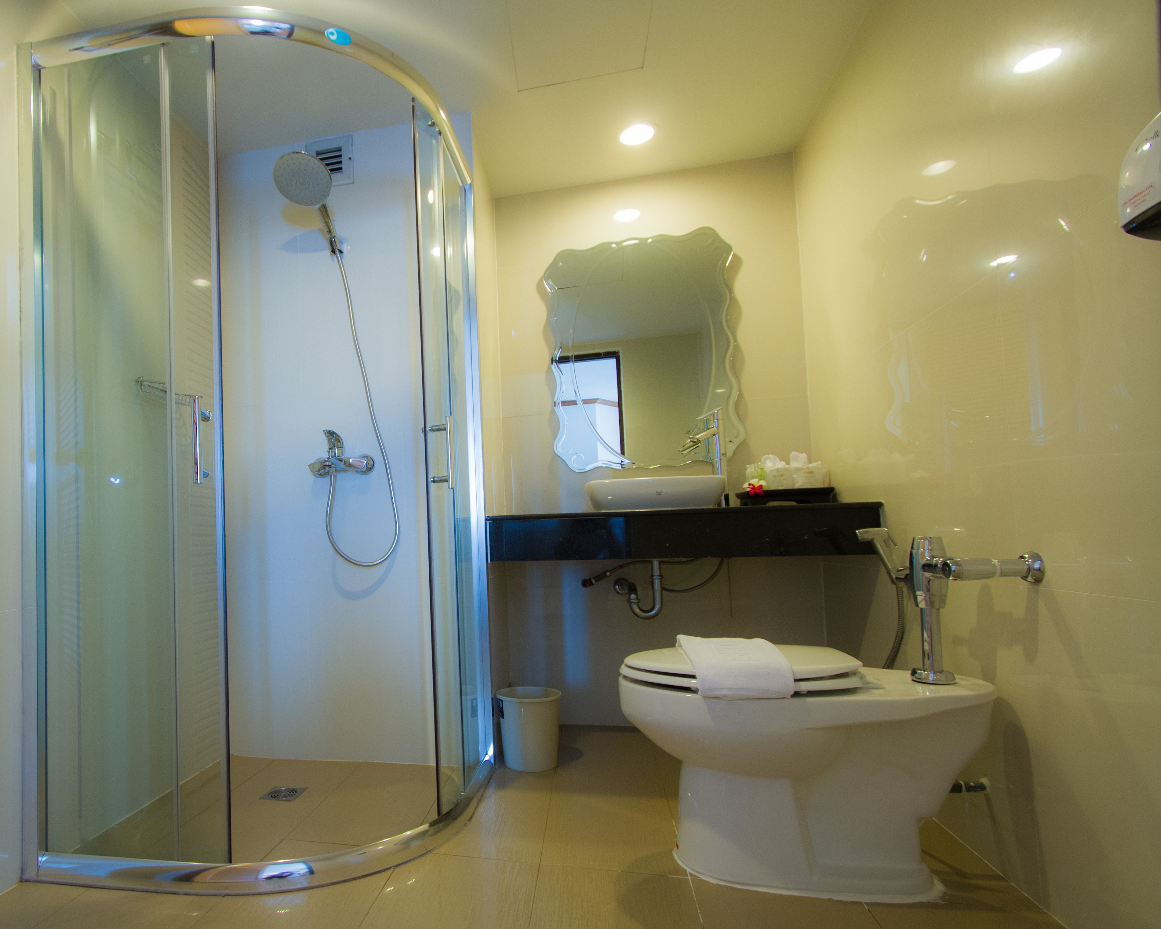A modern bathroom with a glass-enclosed shower, a toilet, and a sink with a mirror above.