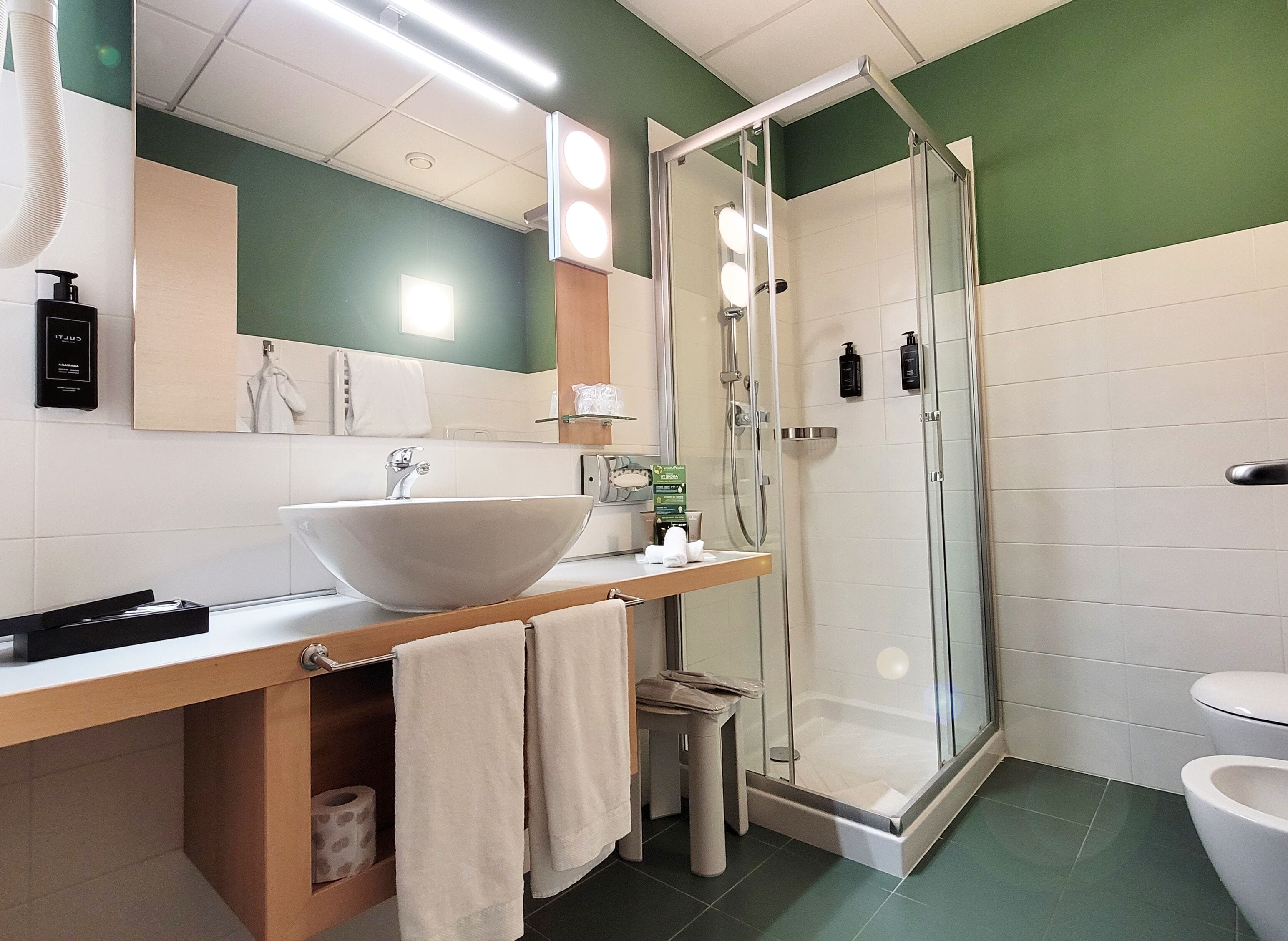 shower, eco-friendly toiletries, hair dryer, bidet