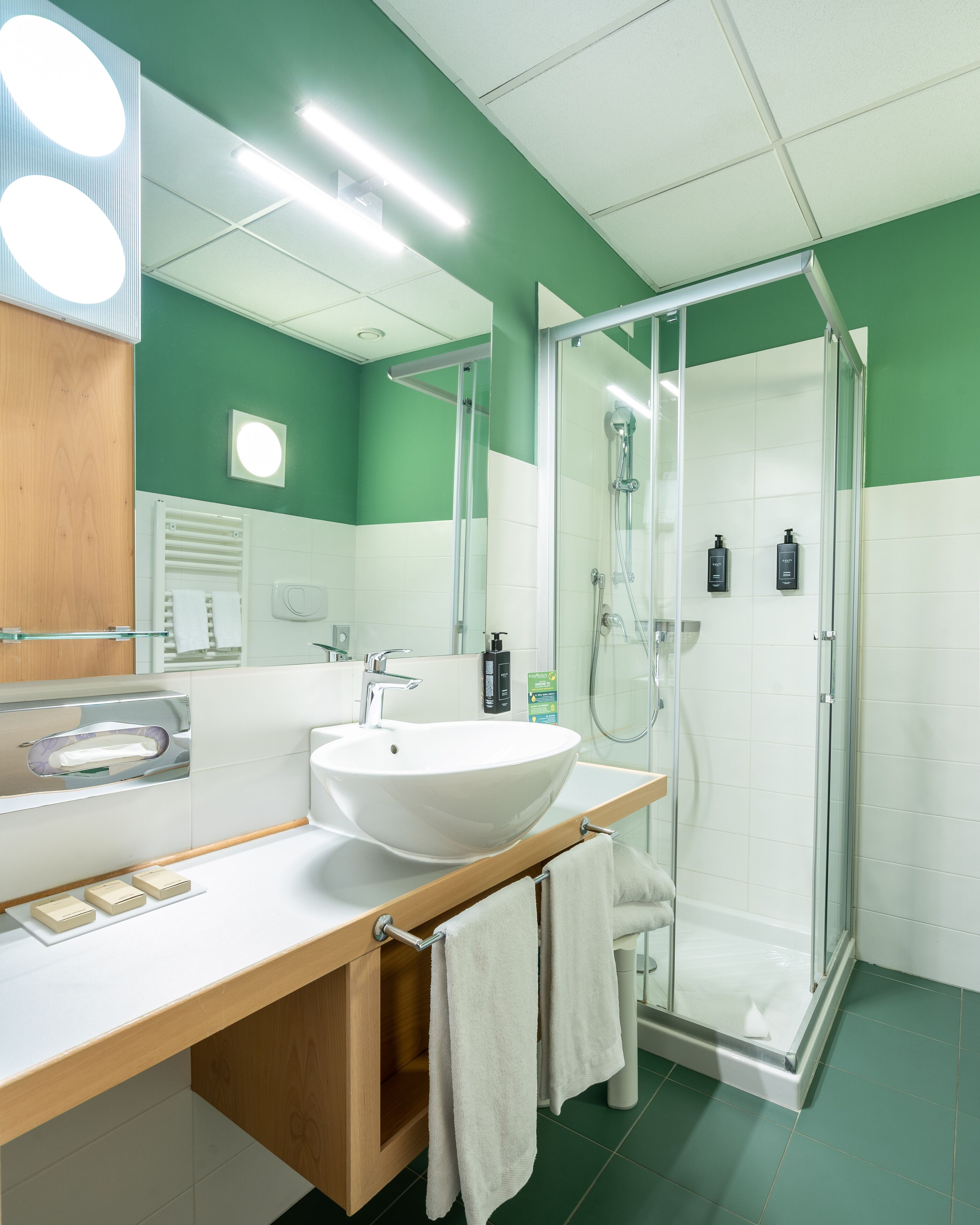 A modern bathroom with a large white sink, a glass-enclosed shower, and green walls.