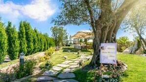 Un lieu de réception pour mariages doté d’un chemin en pierre, d’une végétation luxuriante et d’un grand arbre.