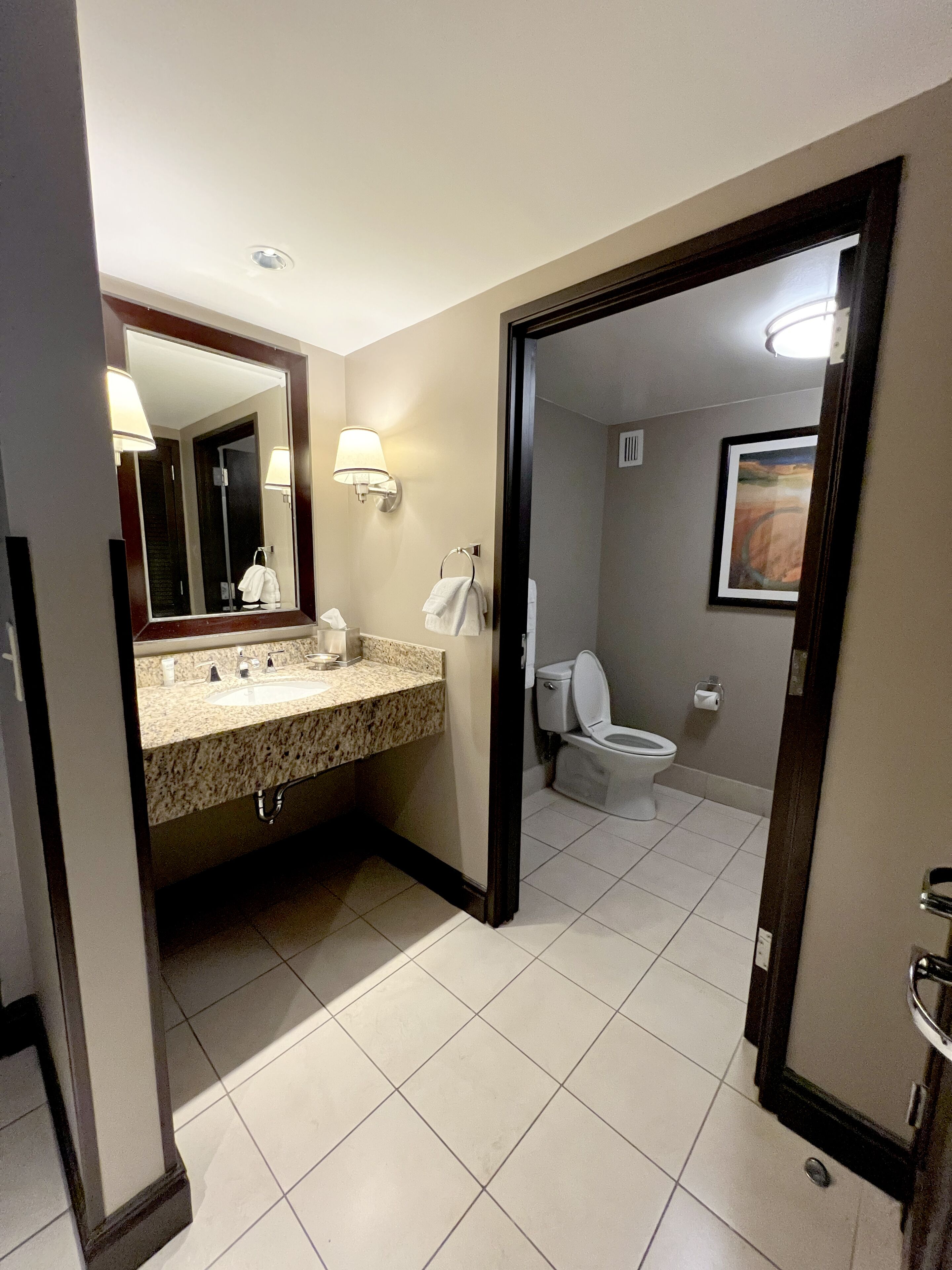 Une salle de bain d’hôtel avec un lavabo, un miroir, des toilettes et un tableau encadré au mur.