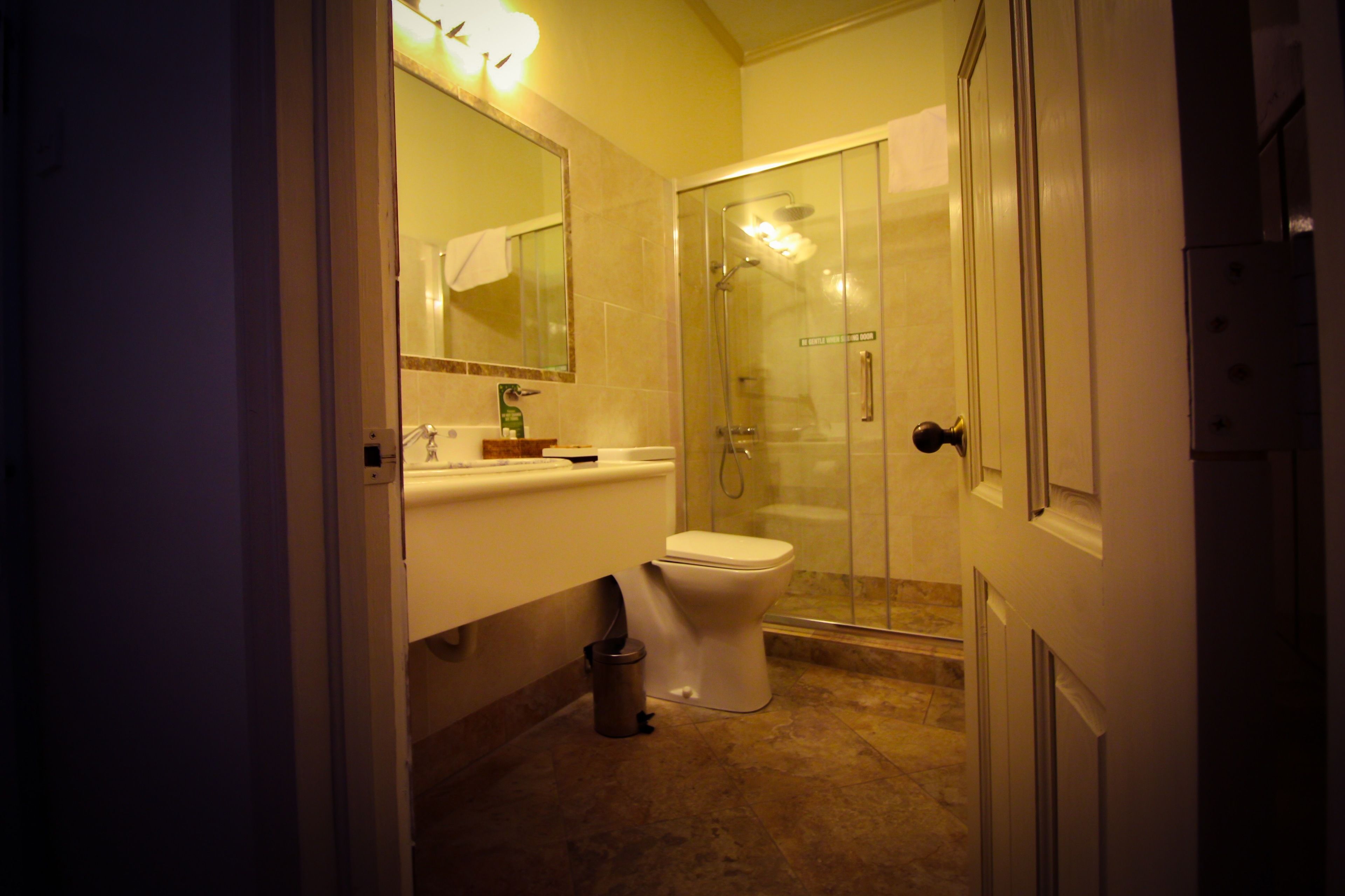 Une salle de bain équipée de toilettes, d’un lavabo, d’un miroir et d’une douche à parois en verre.